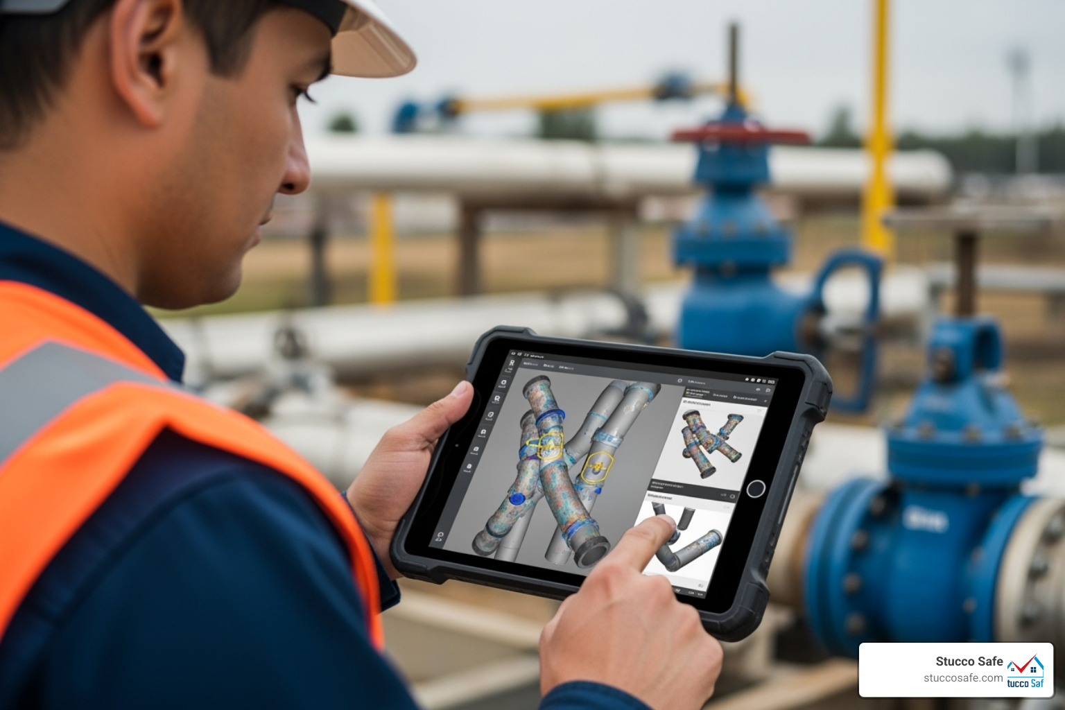 Inspector analyzing 3D pipeline data on a ruggedized tablet - pipeline inspection services