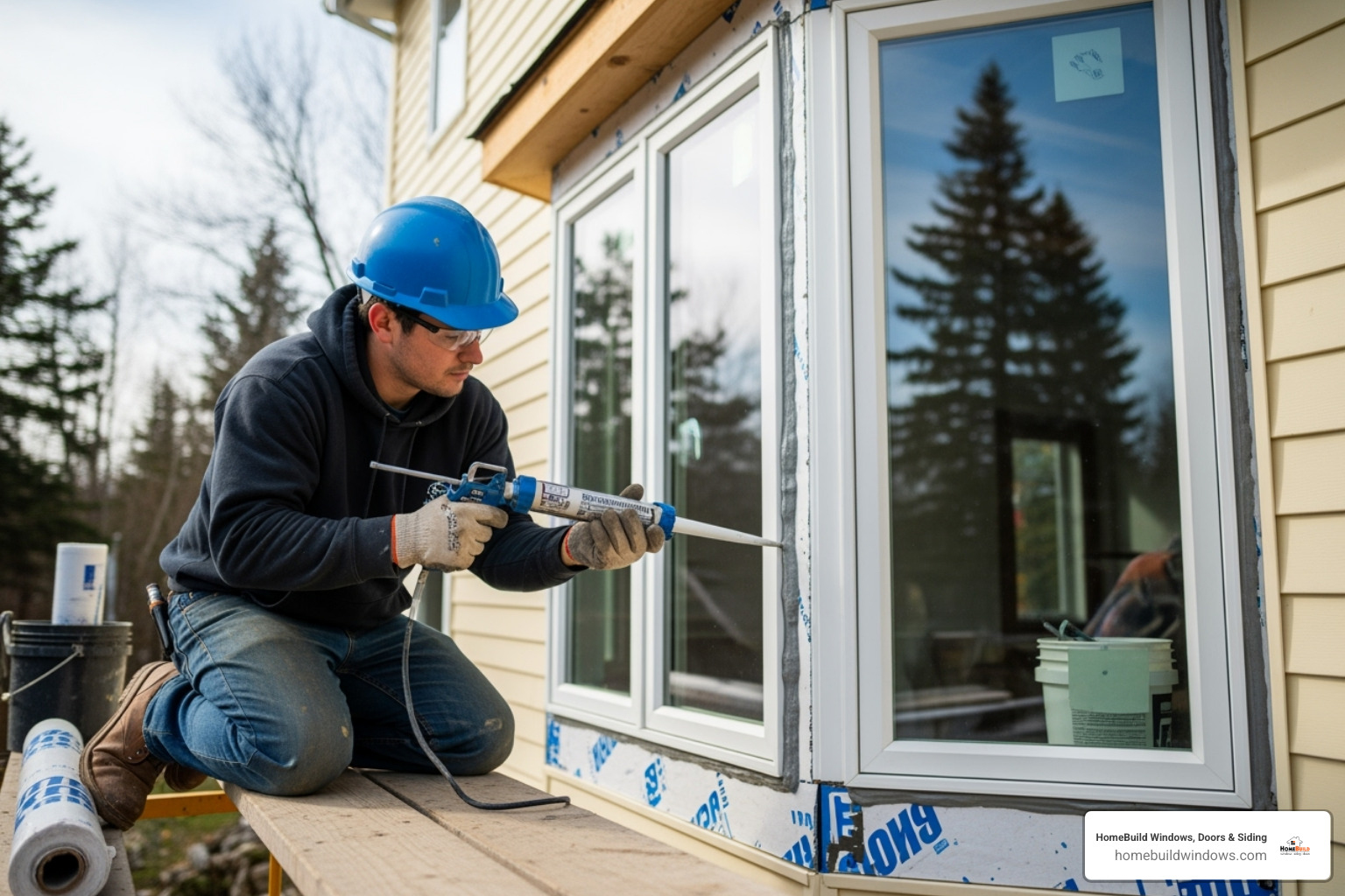 weatherproofing sealant being applied around a new bay window - replace flat window with bay window