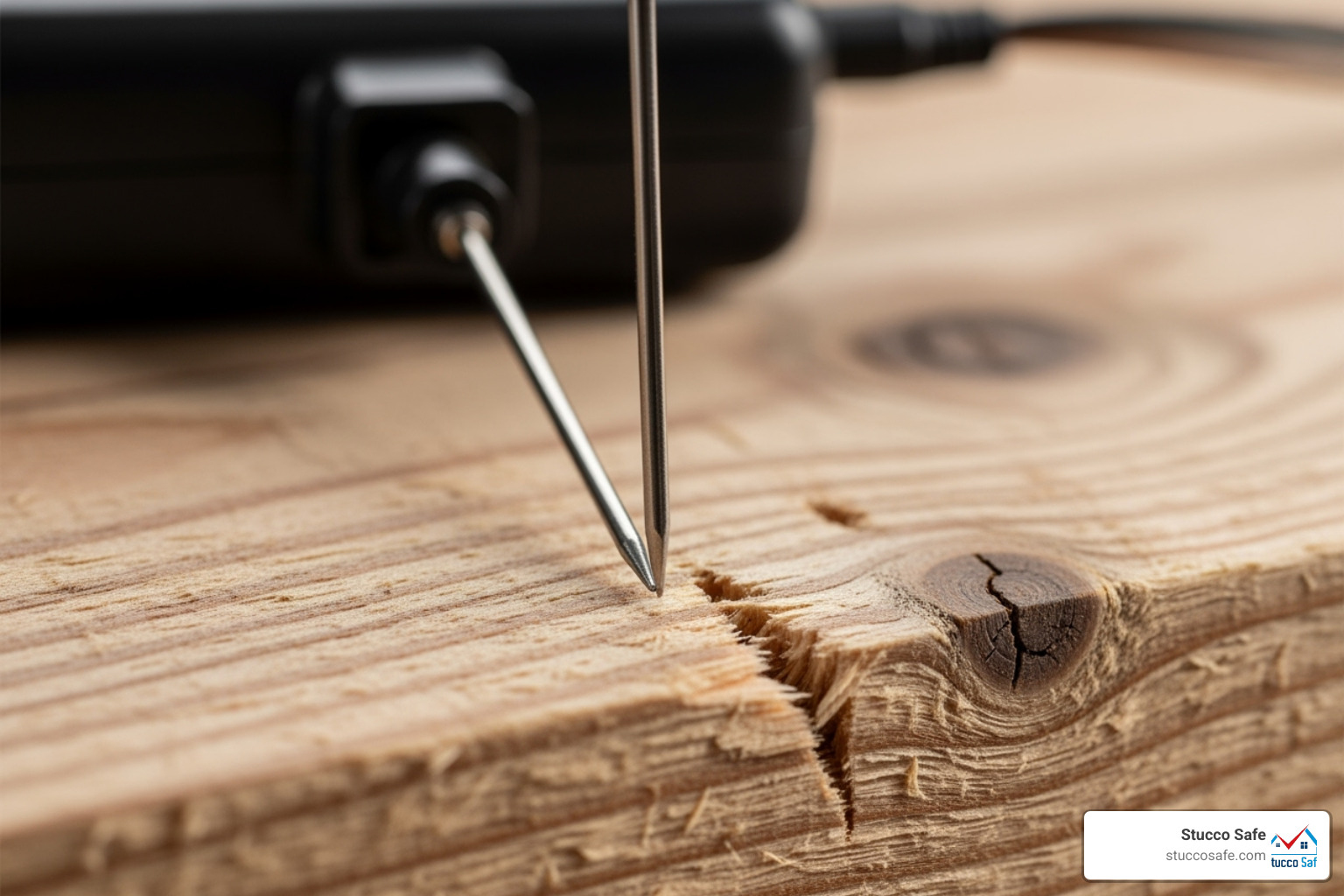 of a pin meter's probes being inserted into a piece of rough lumber - pin vs pinless moisture meter