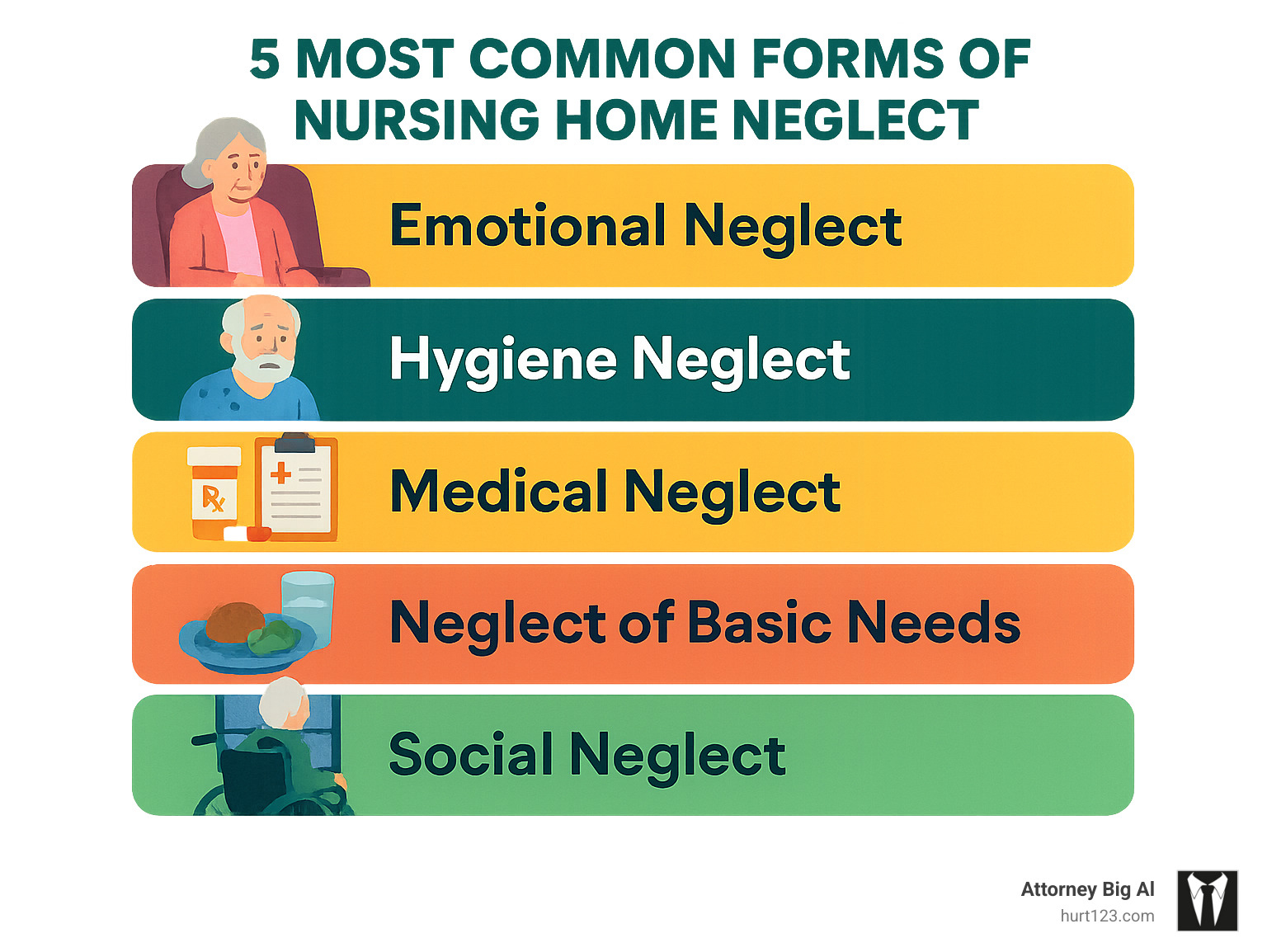 infographic explaining the 5 most common forms of nursing home neglect - nursing home neglect lawyer infographic 
