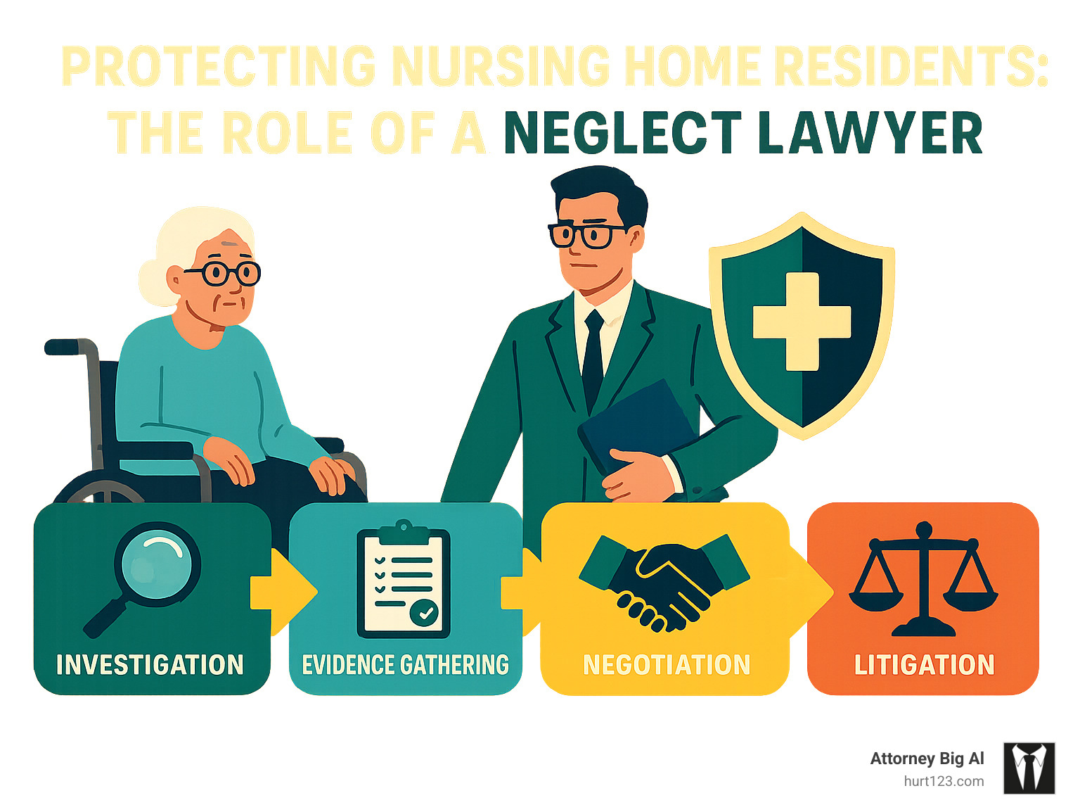 Infographic detailing the role of a nursing home neglect lawyer in protecting residents and seeking justice, showing steps like investigation, evidence gathering, negotiation, and litigation. - nursing home neglect lawyer infographic 