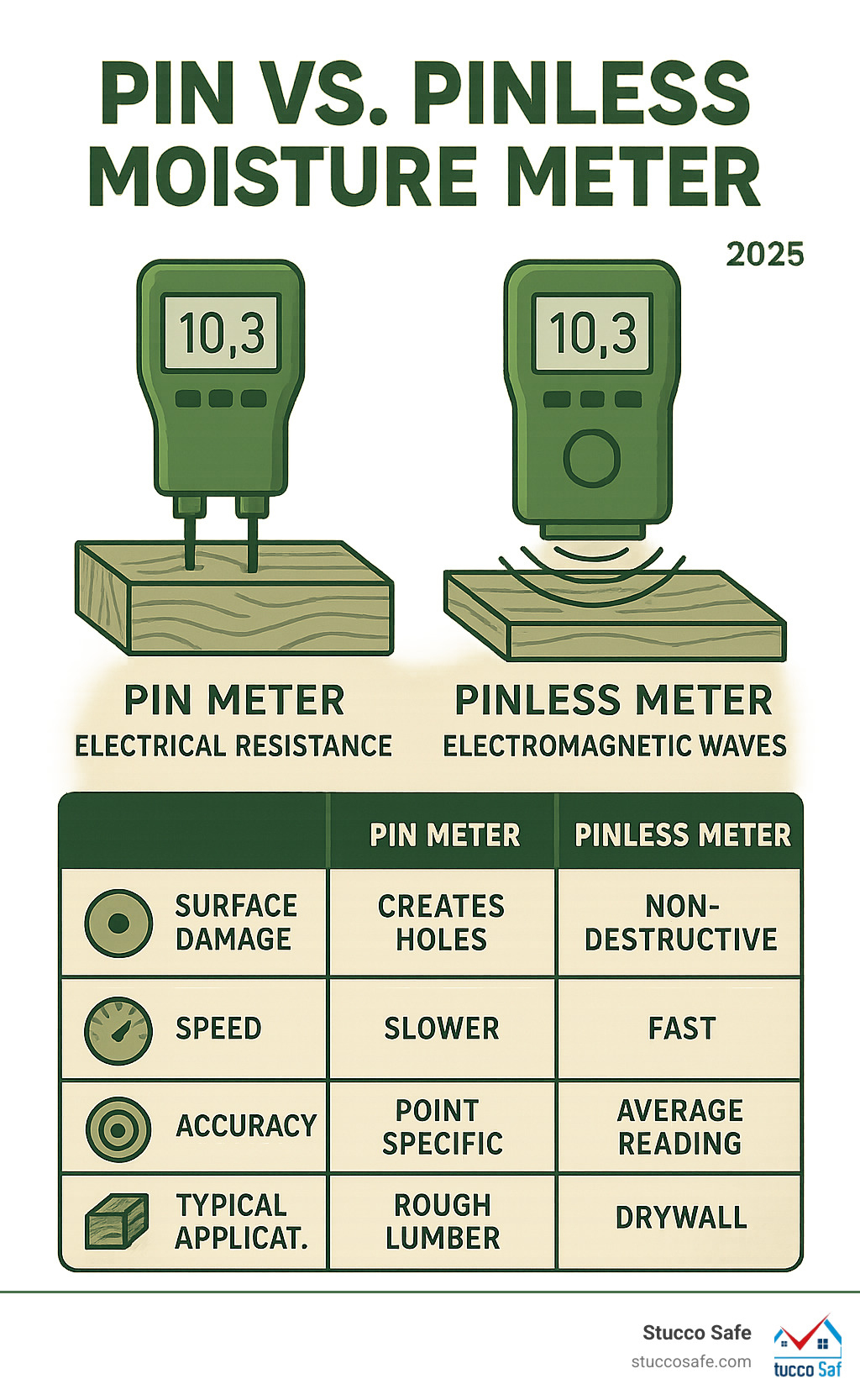 Detailed comparison infographic showing pin meter with probes inserted into wood measuring electrical resistance versus pinless meter with sensor pad on surface using electromagnetic waves, including icons for surface damage, speed, accuracy, and typical applications - pin vs pinless moisture meter infographic 