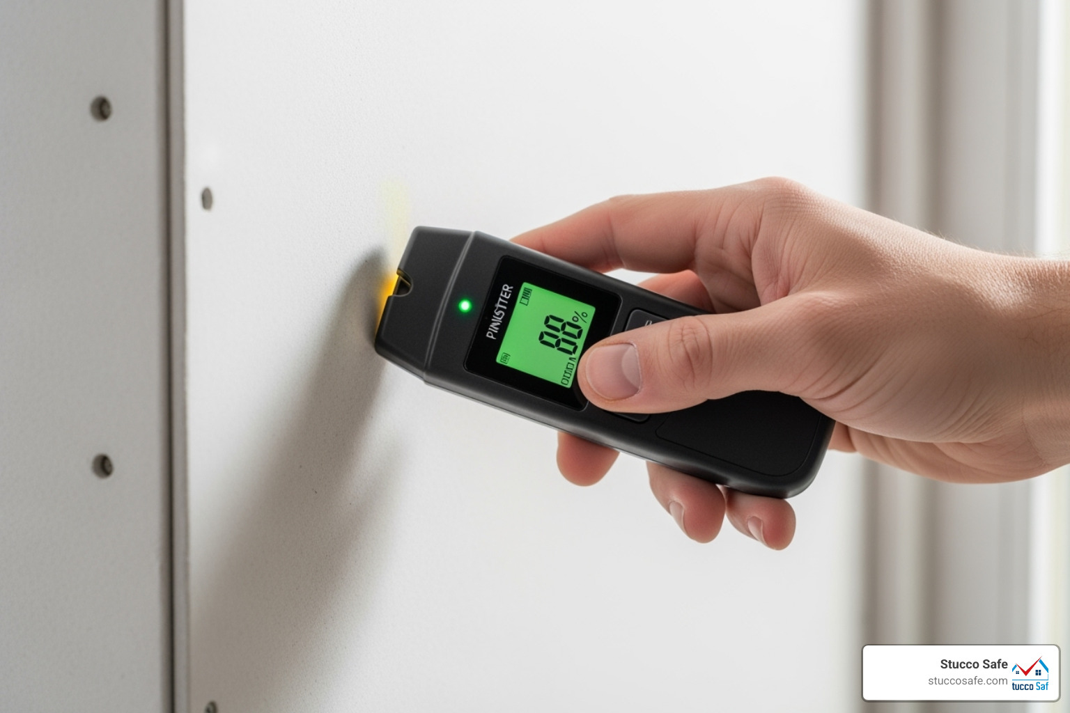 of a pinless meter scanning a large, finished drywall surface - pin vs pinless moisture meter