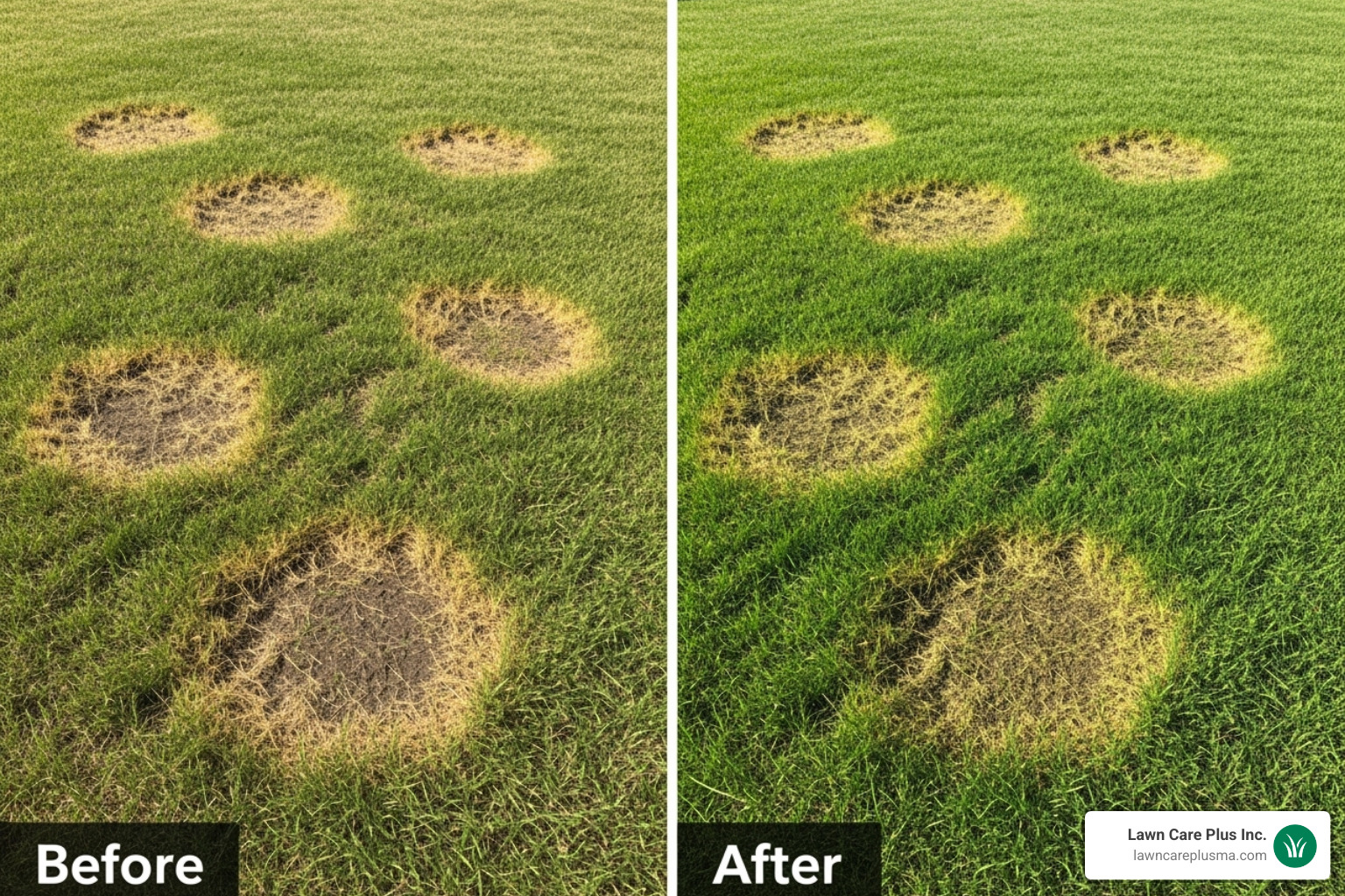 before-and-after shot of a lawn with pet urine spots covered by grass spray - grass spray