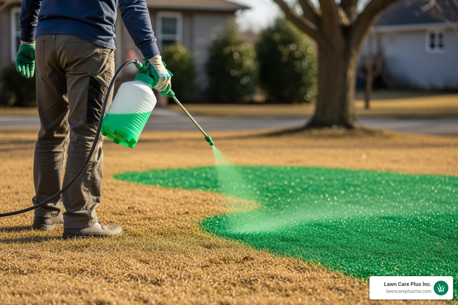 person using a pump sprayer to apply grass paint to their lawn - grass spray