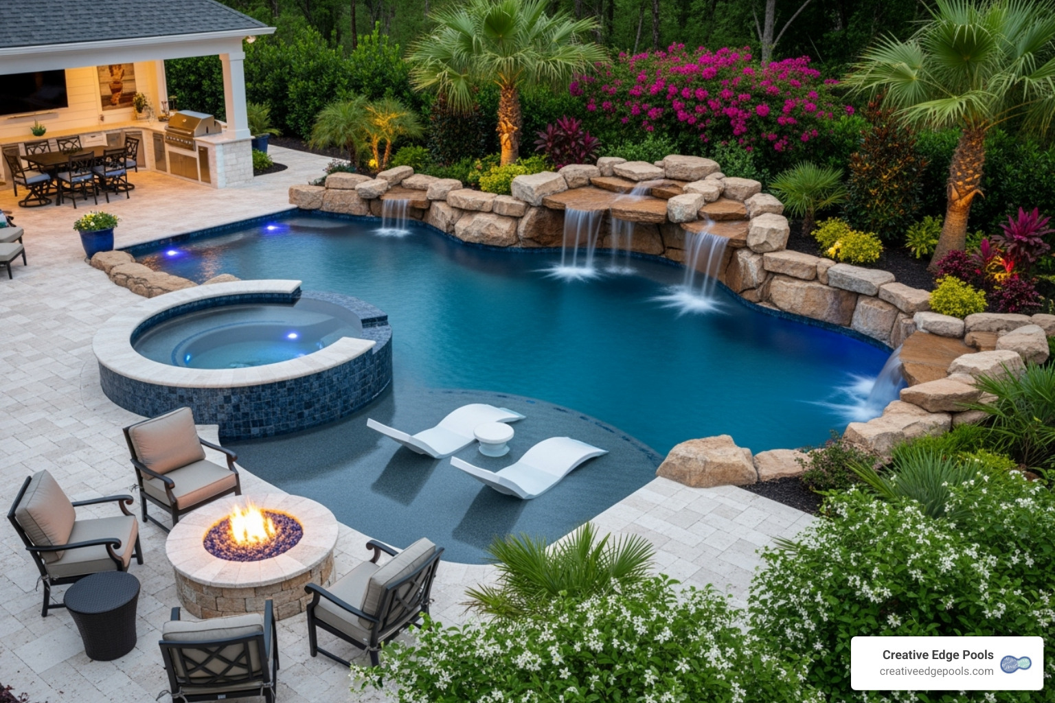 Beautiful custom gunite pool with integrated spa and waterfall, surrounded by neat hardscaping and lush landscaping - custom pool builders MA