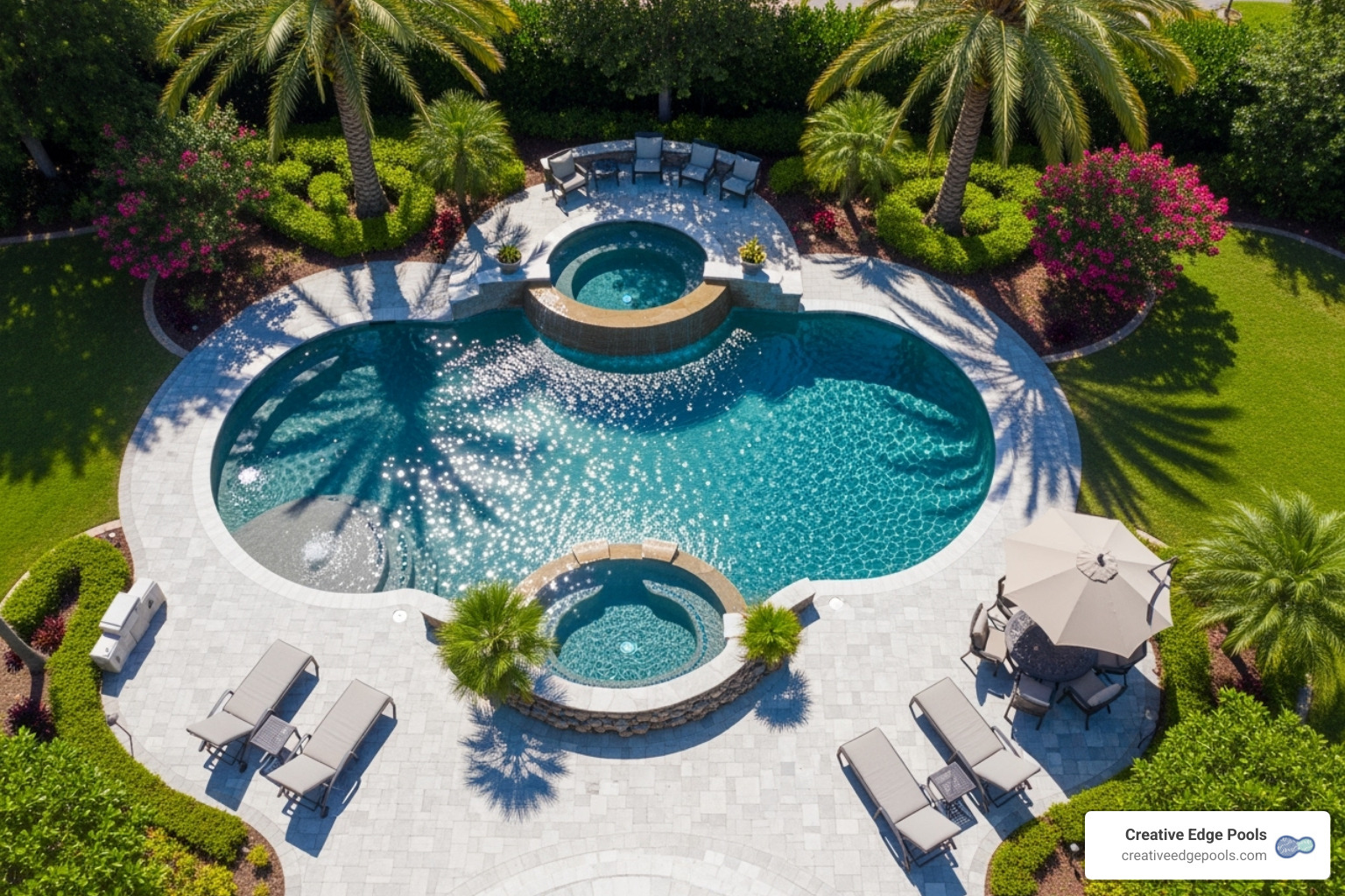 Aerial view of a large custom gunite pool, showcasing its unique shape, expansive patio, and integrated outdoor living features - custom pool builders MA