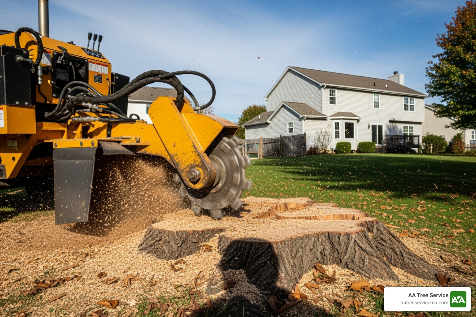 A professional using a stump grinder to remove a tree stump and its associated root system.