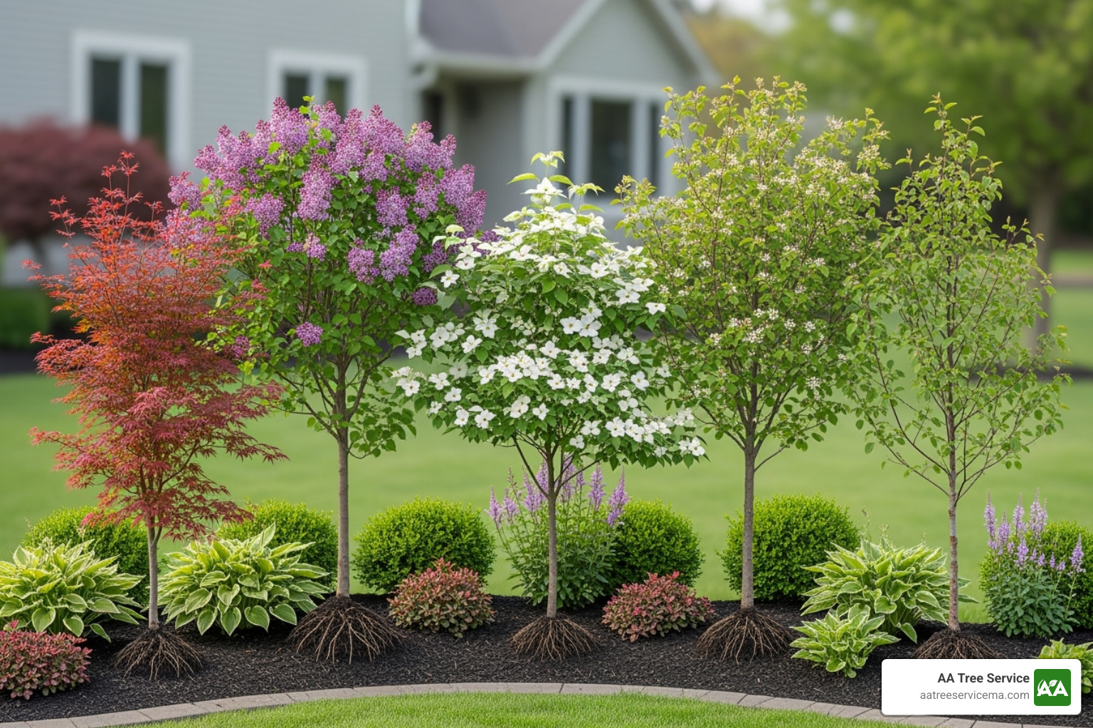 A selection of root-friendly trees like Japanese Maple and Dogwood, suitable for residential planting.