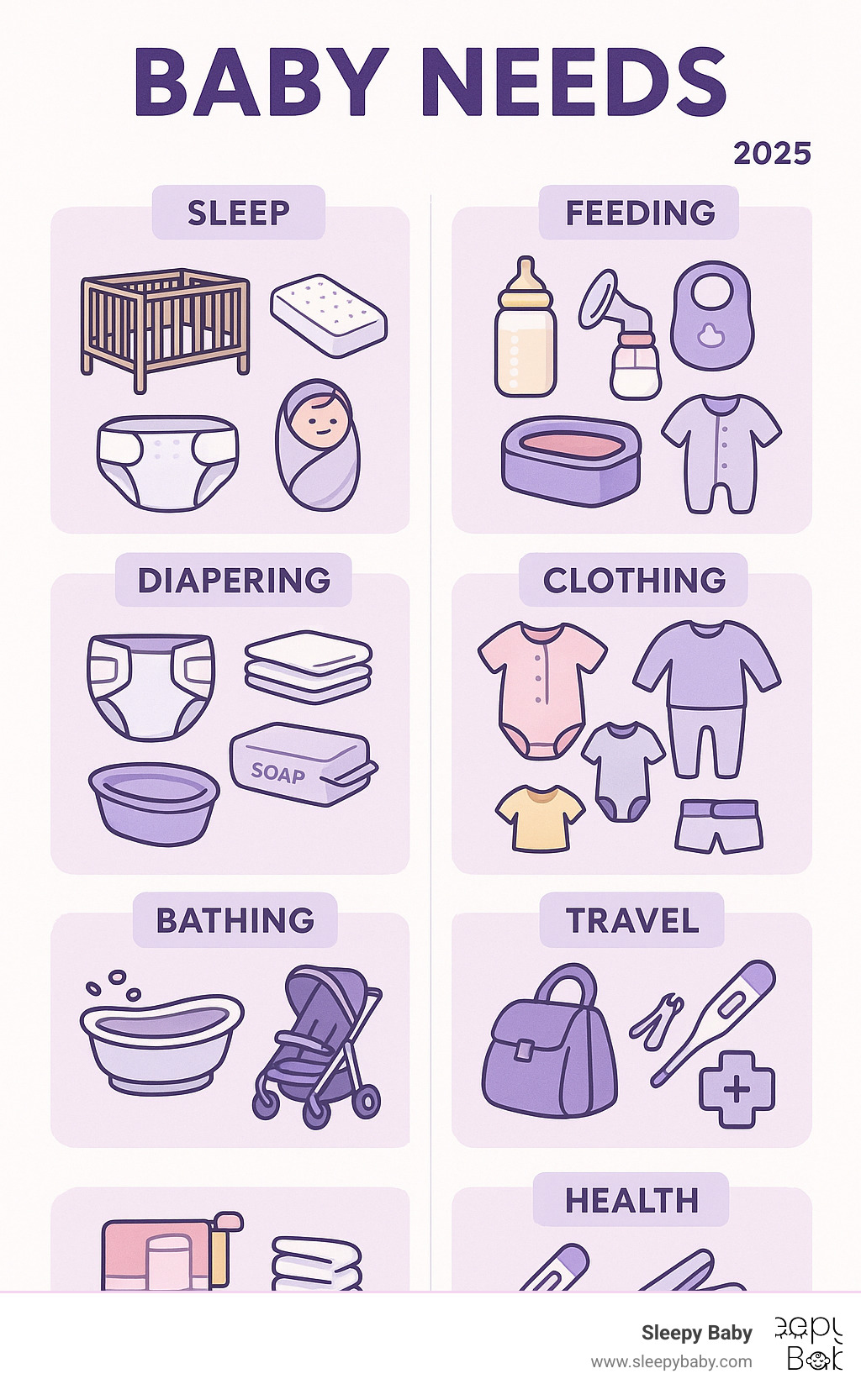Comprehensive breakdown of baby needs organized by category showing sleep essentials like cribs and swaddles, feeding supplies including bottles and bibs, diapering necessities such as diapers and wipes, clothing basics like onesies and sleepers, bathing items including tubs and towels, travel gear featuring car seats and strollers, and health essentials like thermometers and nail clippers - baby needs infographic 