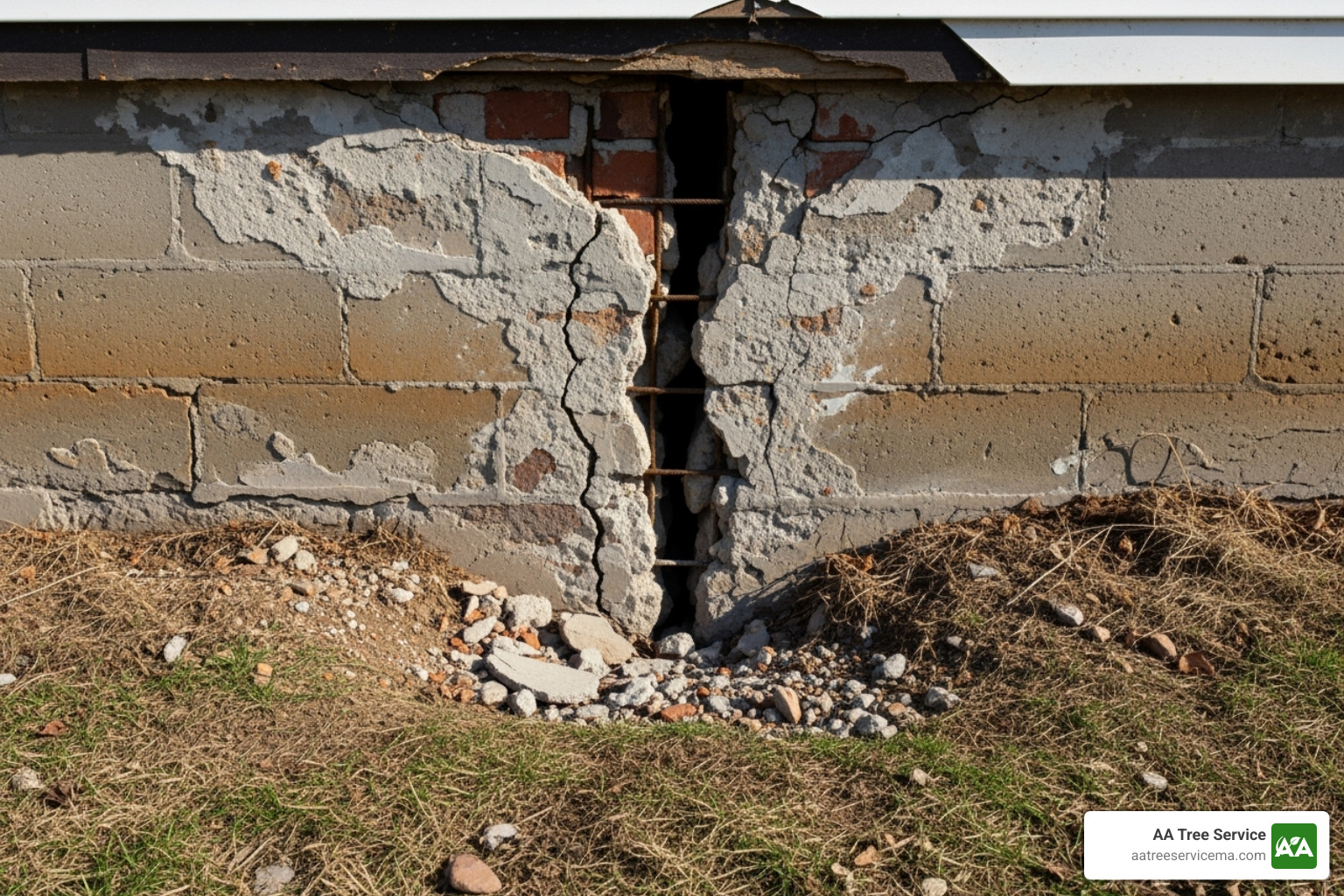 A large crack running up the side of a home's foundation, caused by invasive tree roots.