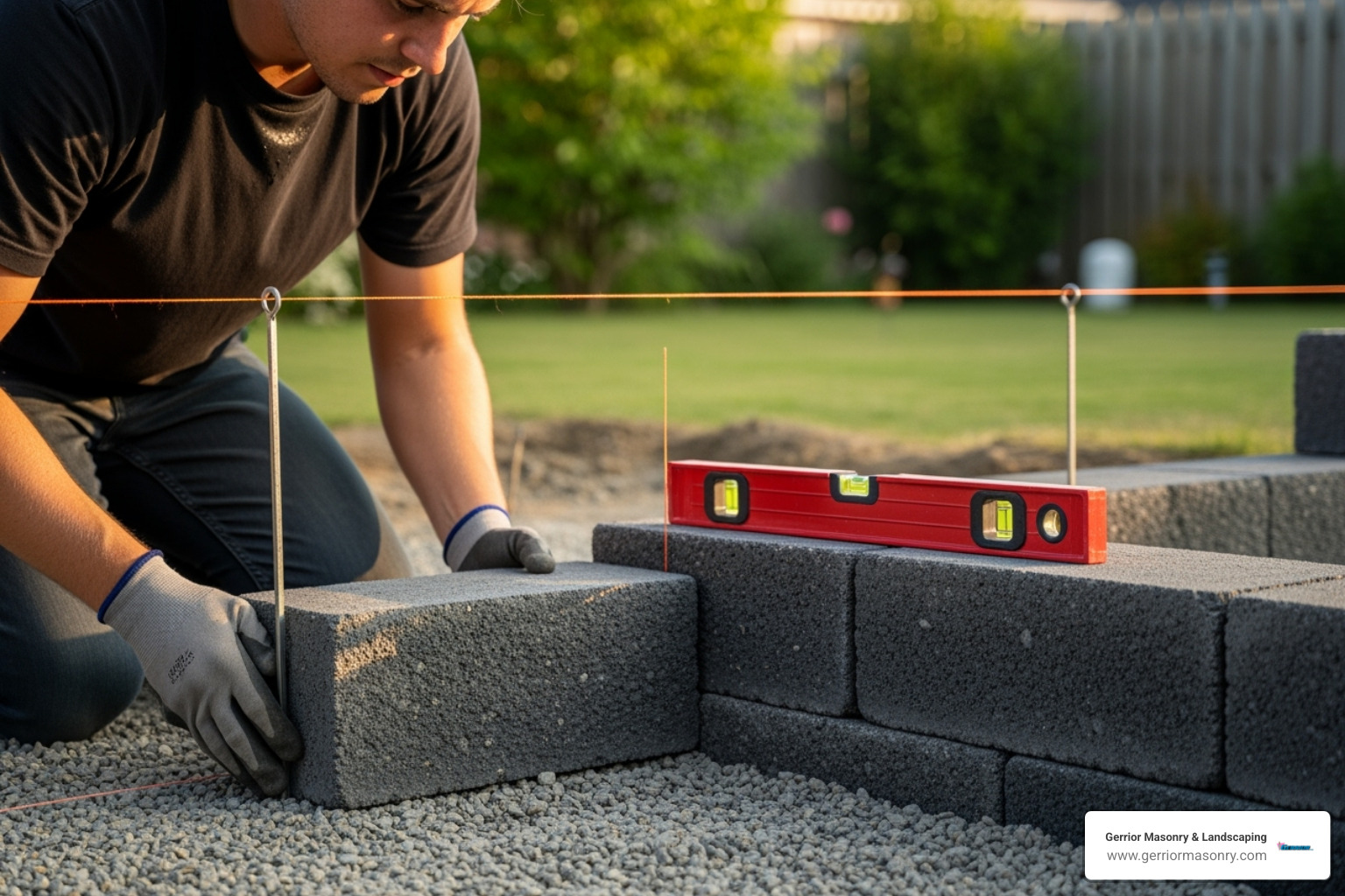 The first course of blocks being carefully leveled with a string line, demonstrating the critical initial step for a stable garden block wall. - garden block wall construction The first course of blocks being carefully leveled with a string line, demonstrating the critical initial step for a stable garden block wall. - garden block wall construction