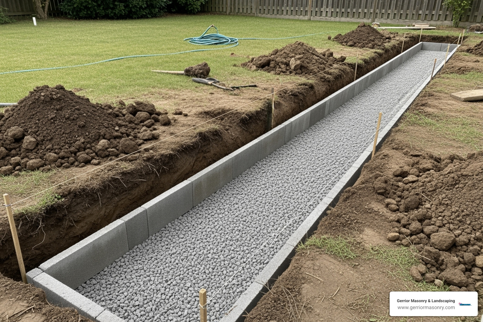 A properly excavated and leveled trench with a gravel base, showcasing the meticulous preparation required for a sturdy garden block wall. - garden block wall construction A properly excavated and leveled trench with a gravel base, showcasing the meticulous preparation required for a sturdy garden block wall. - garden block wall construction
