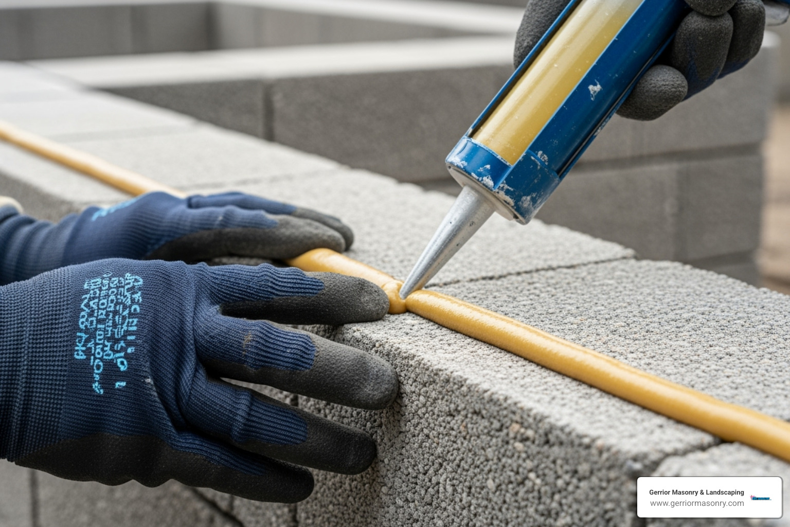 Capstones being secured with construction adhesive, providing a clean and finished look to the garden block wall. - garden block wall construction Capstones being secured with construction adhesive, providing a clean and finished look to the garden block wall. - garden block wall construction