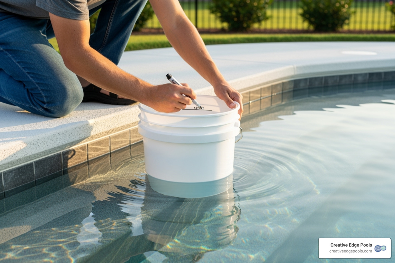 person performing bucket test on pool steps - liner pool repair
