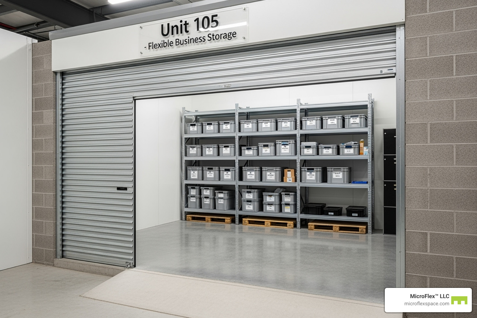 A clean, accessible micro-warehouse unit with roll-up doors, suitable for flexible business storage - Excess inventory solutions A clean, accessible micro-warehouse unit with roll-up doors, suitable for flexible business storage - Excess inventory solutions
