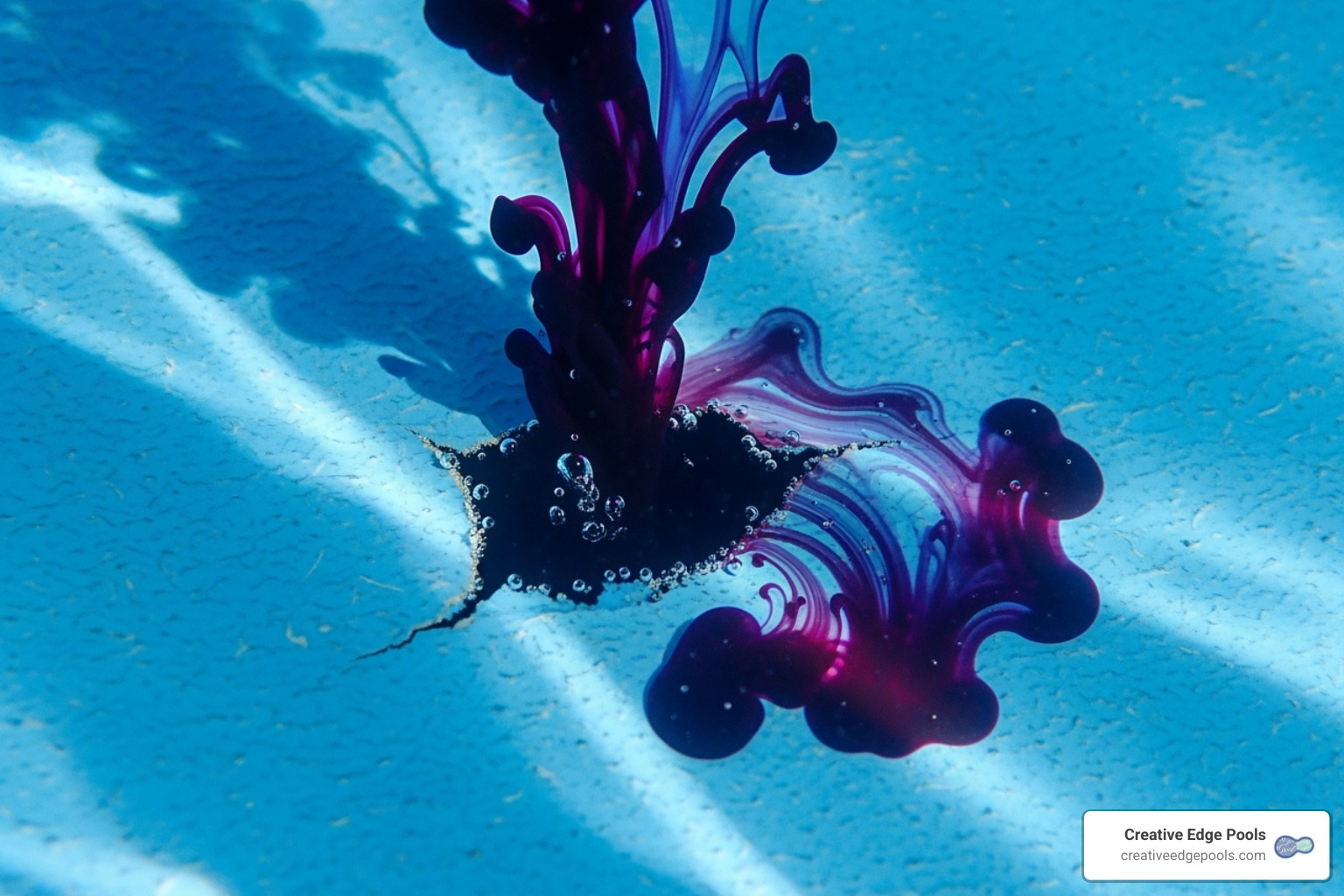 food coloring being drawn into small tear in pool liner - liner pool repair