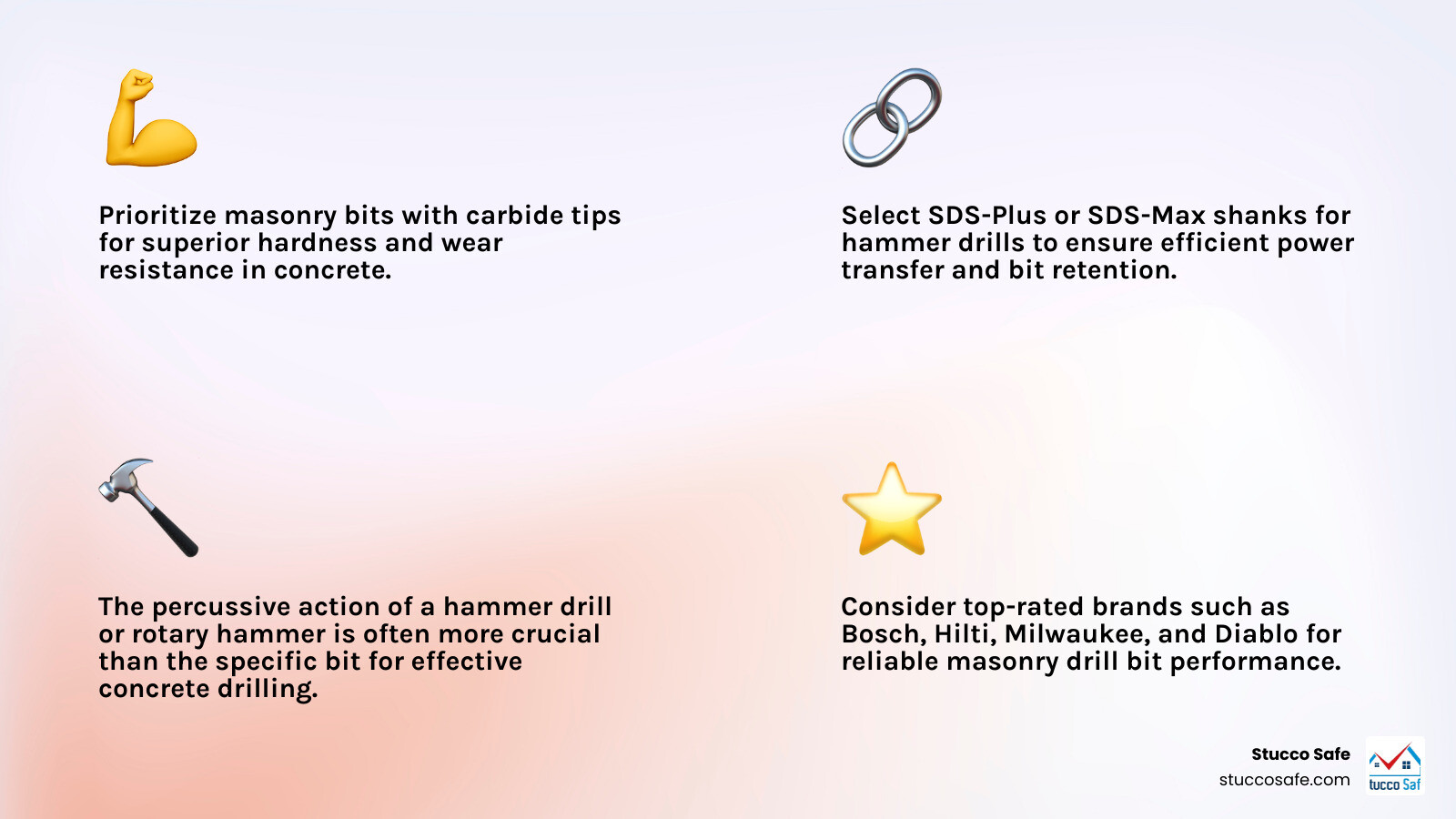 Infographic: Key Factors for Choosing a Masonry Drill Bit for Concrete: Carbide Tip, SDS Shank, Hammer Drill Compatibility, and Top Brands like Bosch, Hilti, Milwaukee, and Diablo - masonry drill bit for concrete infographic 4_facts_emoji_light-gradient
