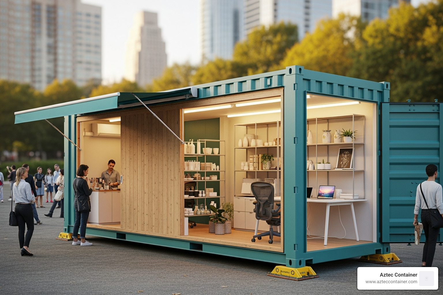 Modified shipping container used as a pop-up shop or office - 40 ft high cube container dimensions in feet