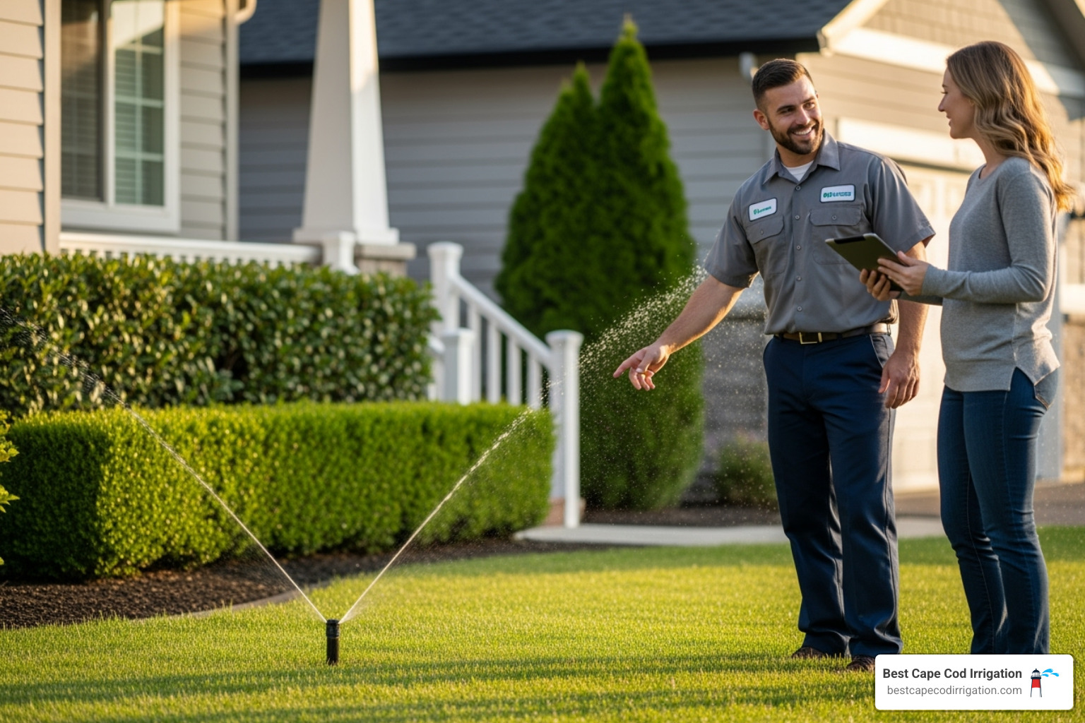 A friendly, professional technician in uniform smiling and talking with a homeowner in front of their house, gesturing towards the lawn as if discussing sprinkler system needs - sprinkler maintenance company A friendly, professional technician in uniform smiling and talking with a homeowner in front of their house, gesturing towards the lawn as if discussing sprinkler system needs - sprinkler maintenance company