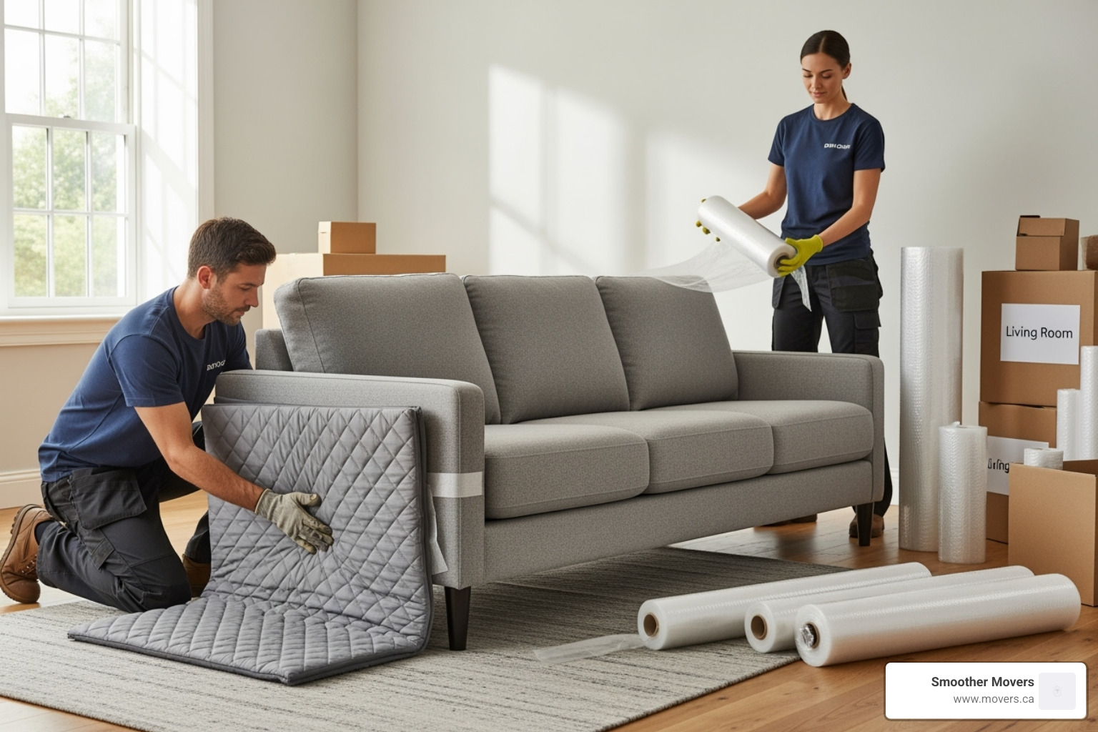 professional movers wrapping a sofa - long distance movers north vancouver to kelowna
