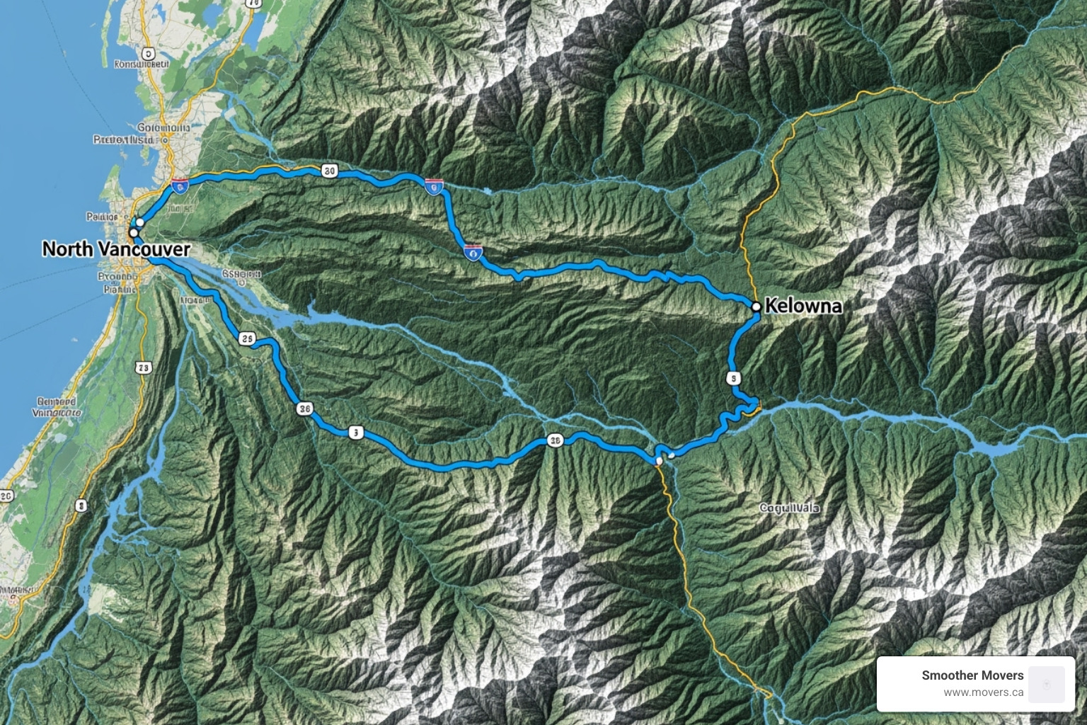 map highlighting the route from North Vancouver to Kelowna - long distance movers north vancouver to kelowna