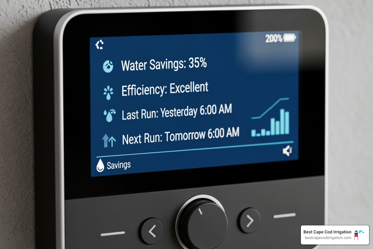 A close-up image of a smart sprinkler controller displaying digital readouts of water savings and efficiency metrics, highlighting the impact of modern technology on water conservation - sprinkler maintenance company A close-up image of a smart sprinkler controller displaying digital readouts of water savings and efficiency metrics, highlighting the impact of modern technology on water conservation - sprinkler maintenance company