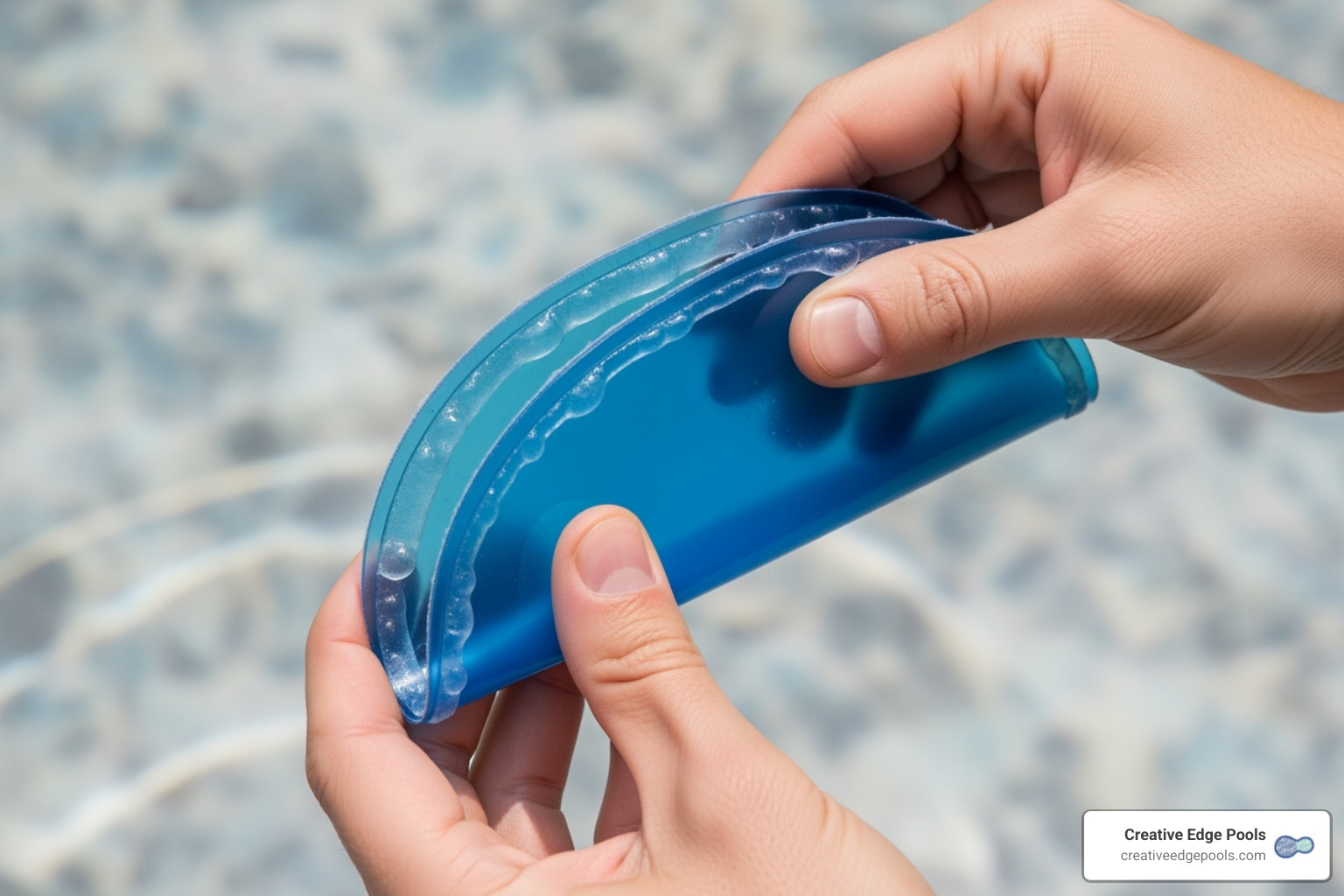 A close-up image demonstrating the "taco method" of folding a pool liner patch, with adhesive applied, before taking it underwater for repair. - pool liner leak repair