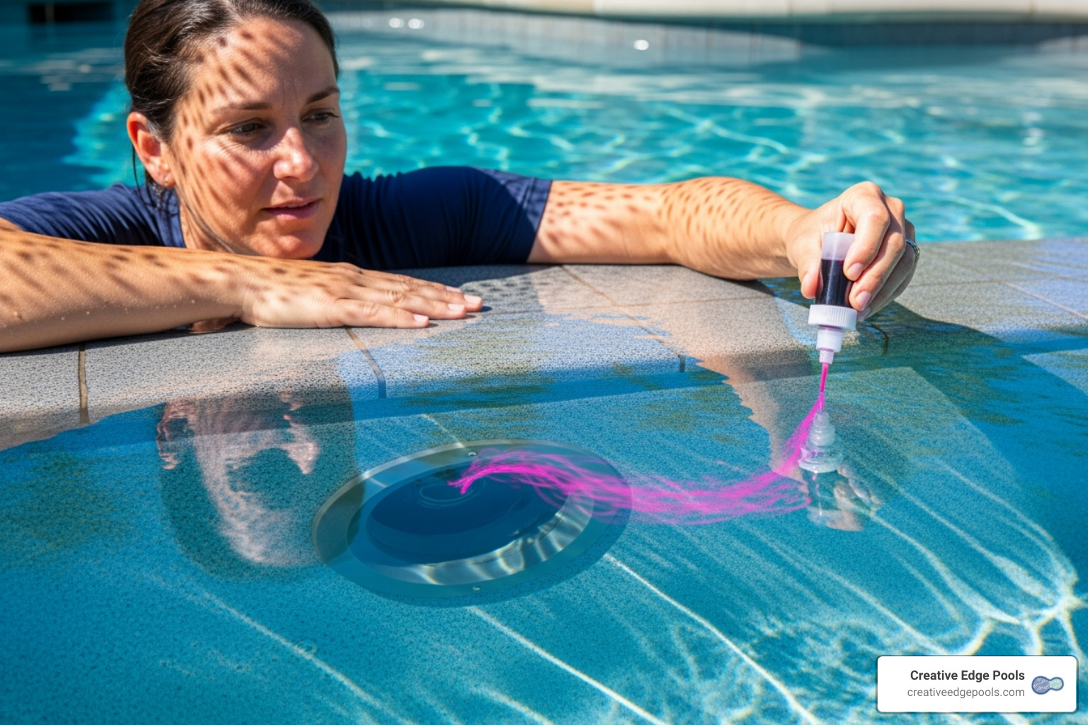A pool owner using a dye tester near a return jet of a clear blue pool, carefully watching the dye for signs of a leak. - pool liner leak repair