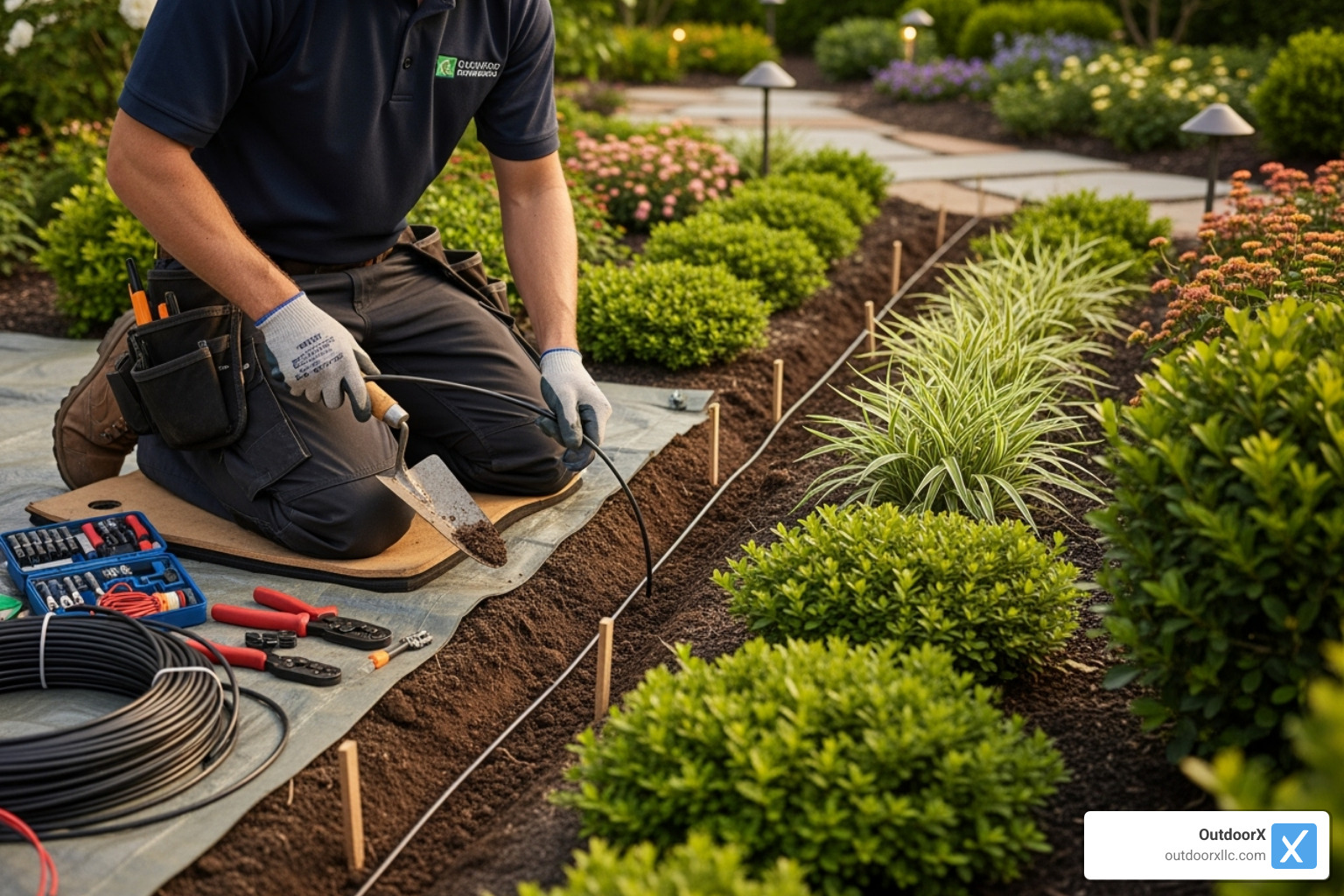 technician professionally installing low-voltage wire - commercial landscape lighting services