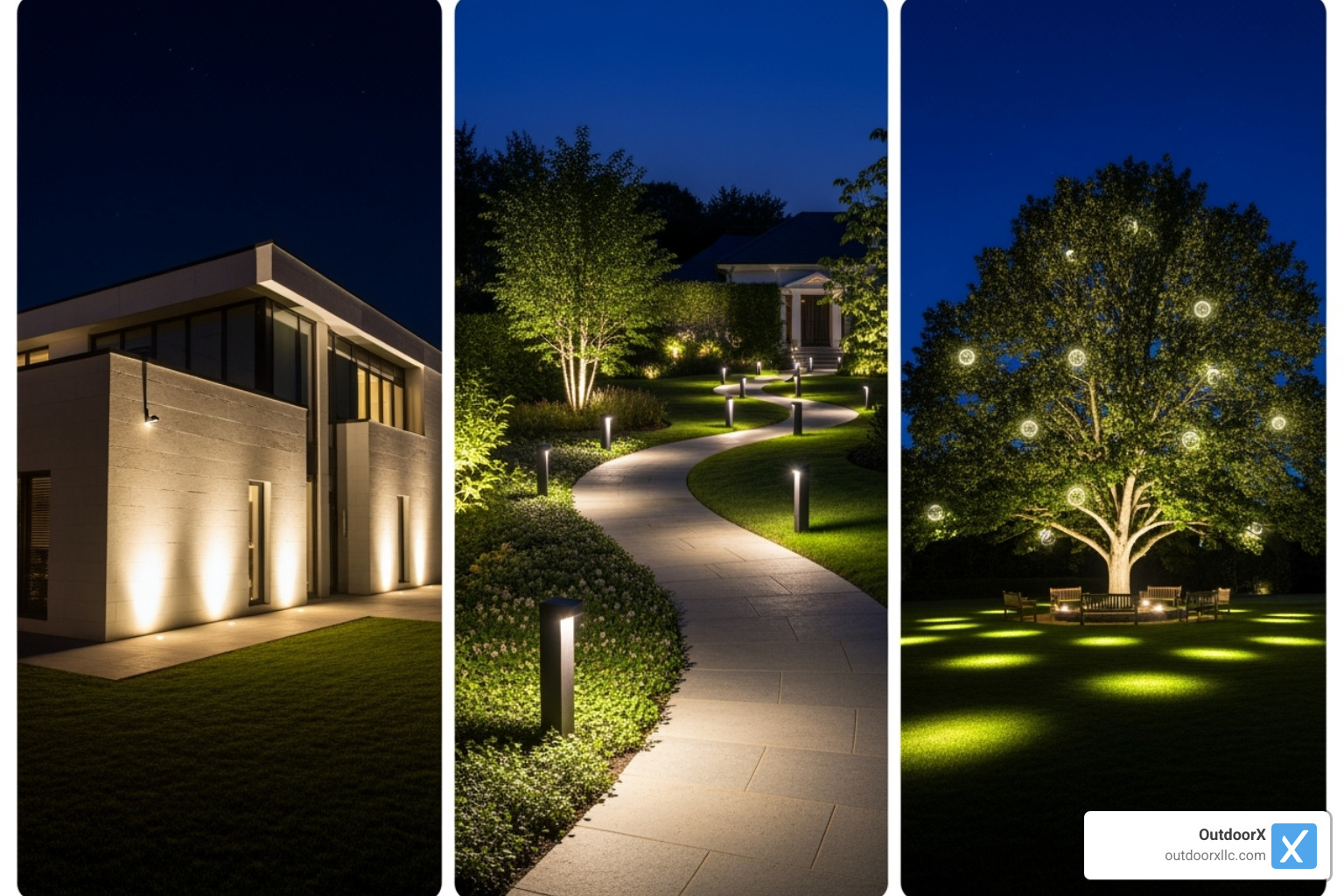 collage of different lighting techniques like uplighting, path lighting, and downlighting - commercial landscape lighting services