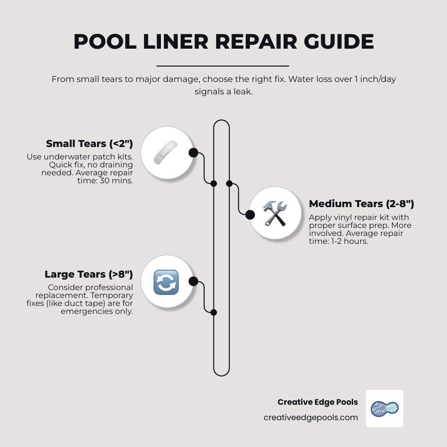 Infographic showing pool liner repair decision tree: small tears under 2 inches use patch kits, medium tears 2-8 inches need vinyl repair with surface prep, large tears over 8 inches require professional assessment, emergency repairs use temporary duct tape, and signs of leaks include water loss over 1 inch per day beyond normal evaporation - liner pool repair infographic infographic-line-3-steps-neat_beige