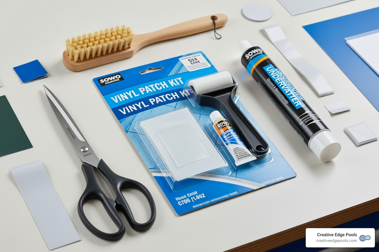 A neatly organized collection of pool liner repair supplies including a vinyl patch kit, scissors, a cleaning brush, and underwater adhesive. - pool liner leak repair
