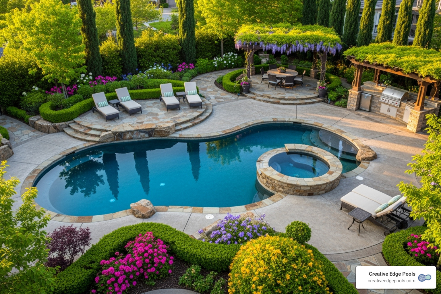 A stunning aerial view of a carefully designed gunite pool with integrated spa, surrounded by lush landscaping and neat masonry, embodying a complete backyard oasis. - pool liner leak repair