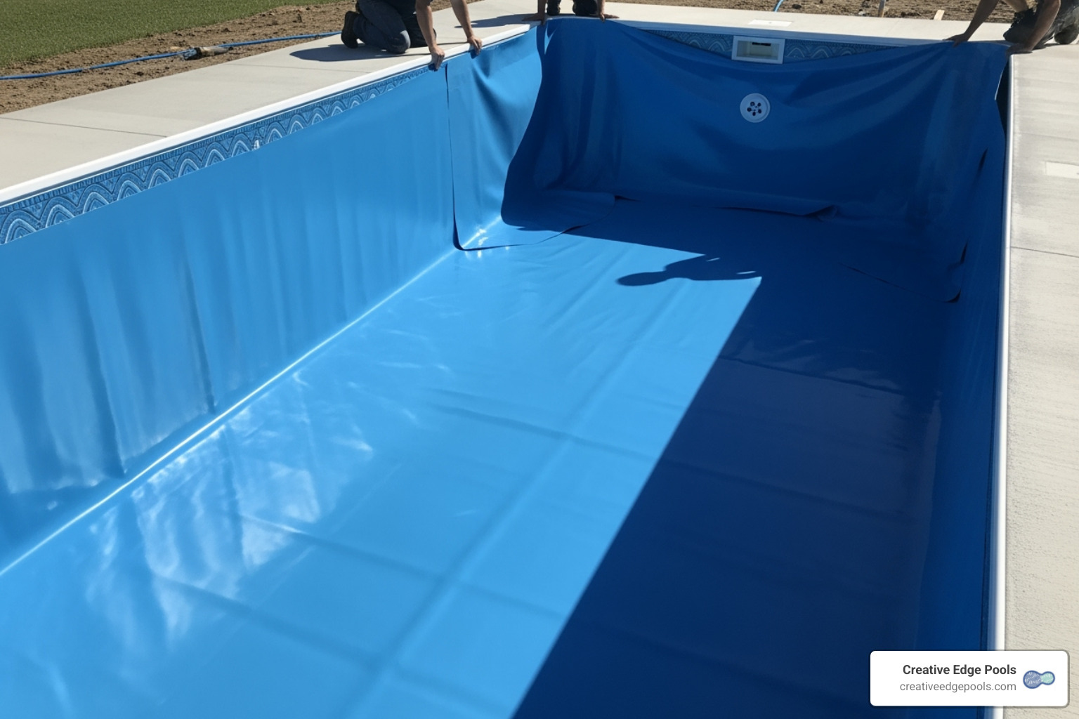 A brand new, pristine blue vinyl liner being carefully installed into an inground pool, showcasing the smooth, unblemished surface of a fresh installation. - pool liner leak repair