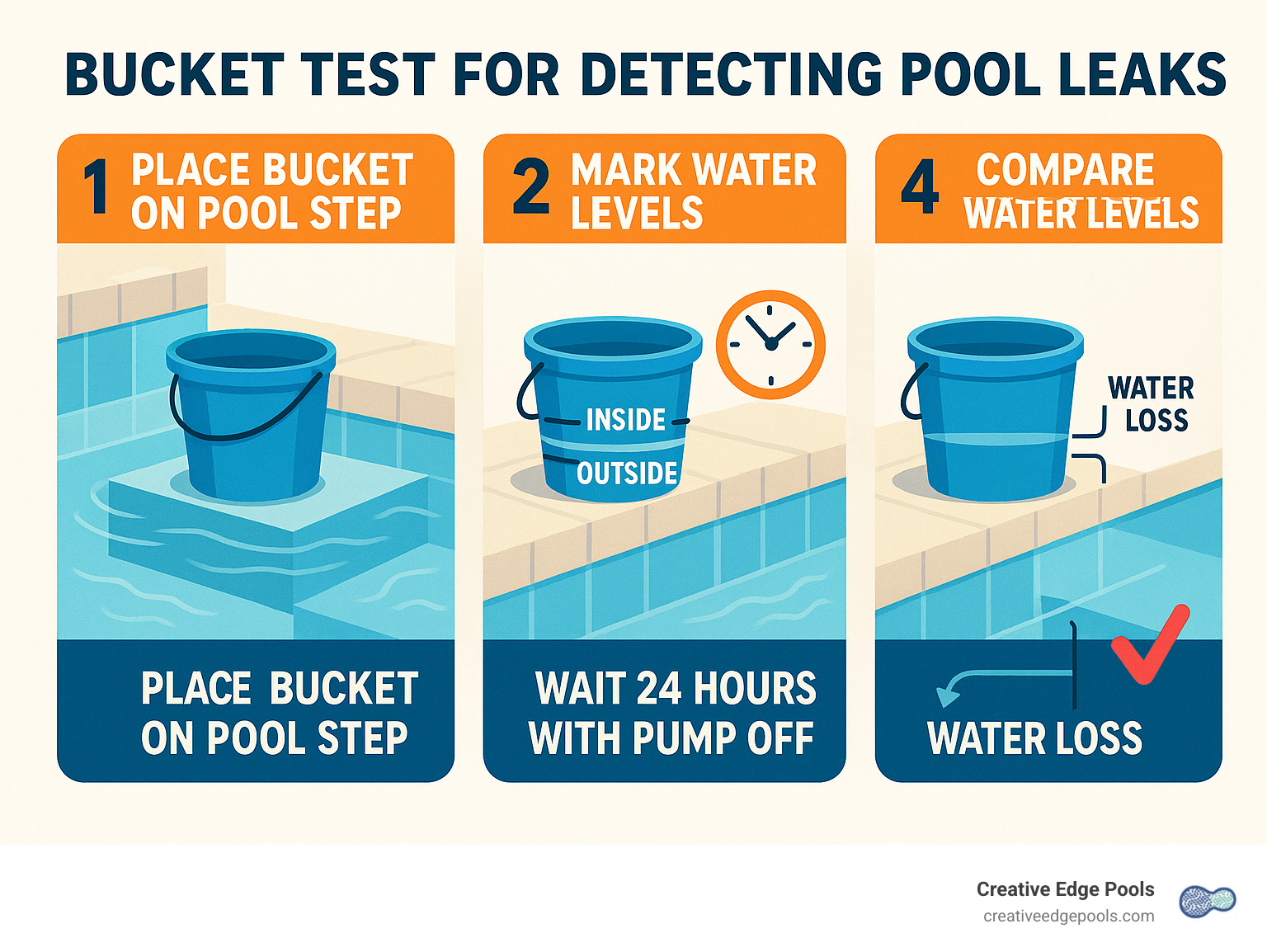 Detailed infographic showing the bucket test method for detecting pool leaks, including step-by-step illustrations of placing a bucket on pool steps, marking water levels inside and outside the bucket, waiting 24 hours with pump off, and comparing final water levels to determine if leak exists - pool liner leak repair infographic 