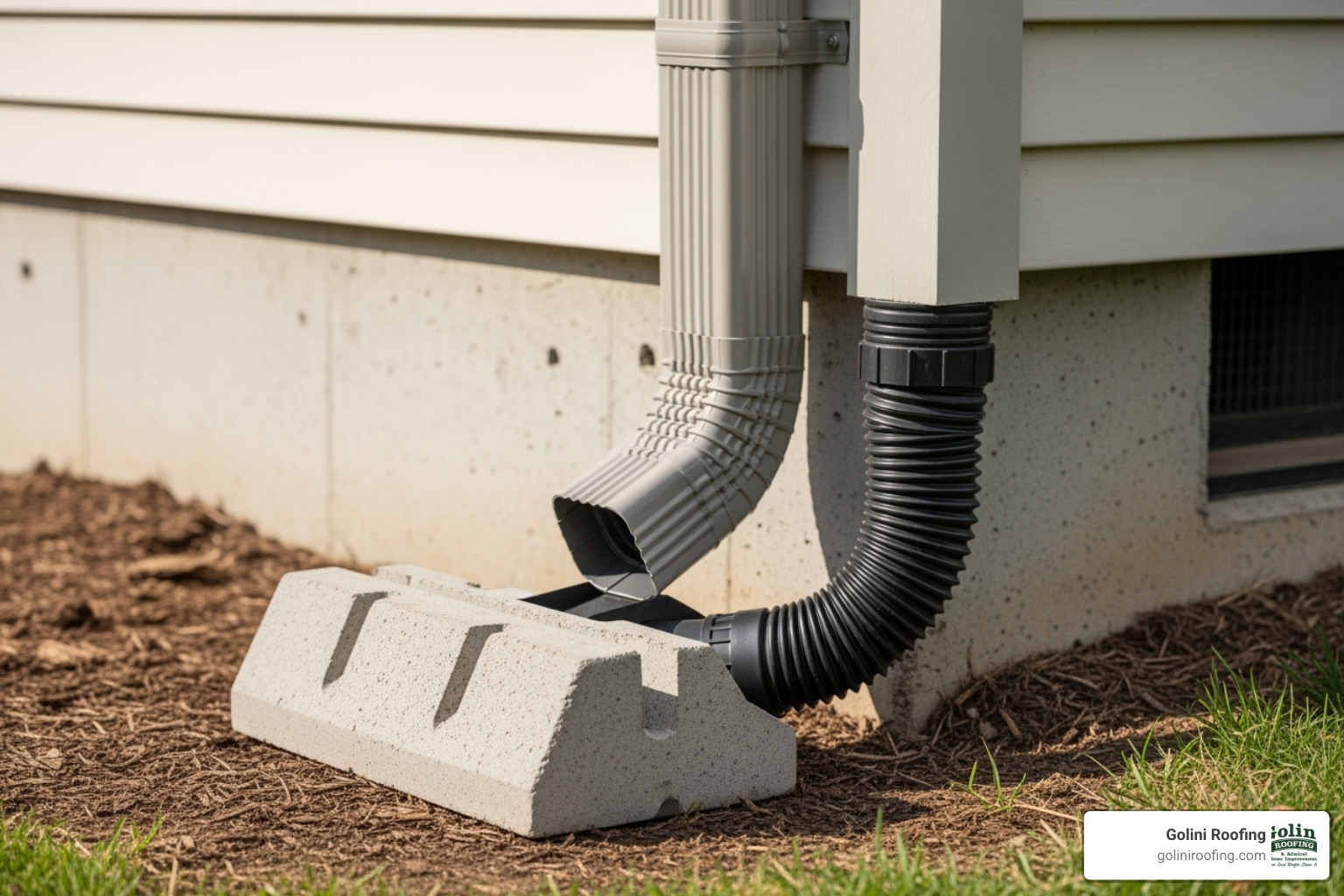 Properly installed downspout extension with a splash block at the end - downspout drainage issues Properly installed downspout extension with a splash block at the end - downspout drainage issues