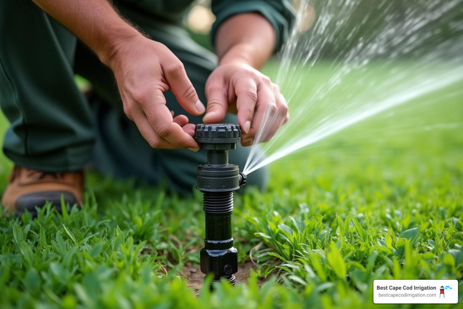 A professional technician carefully inspecting a sprinkler head, checking for clogs and proper alignment to ensure even water distribution - sprinkler maintenance company A professional technician carefully inspecting a sprinkler head, checking for clogs and proper alignment to ensure even water distribution - sprinkler maintenance company