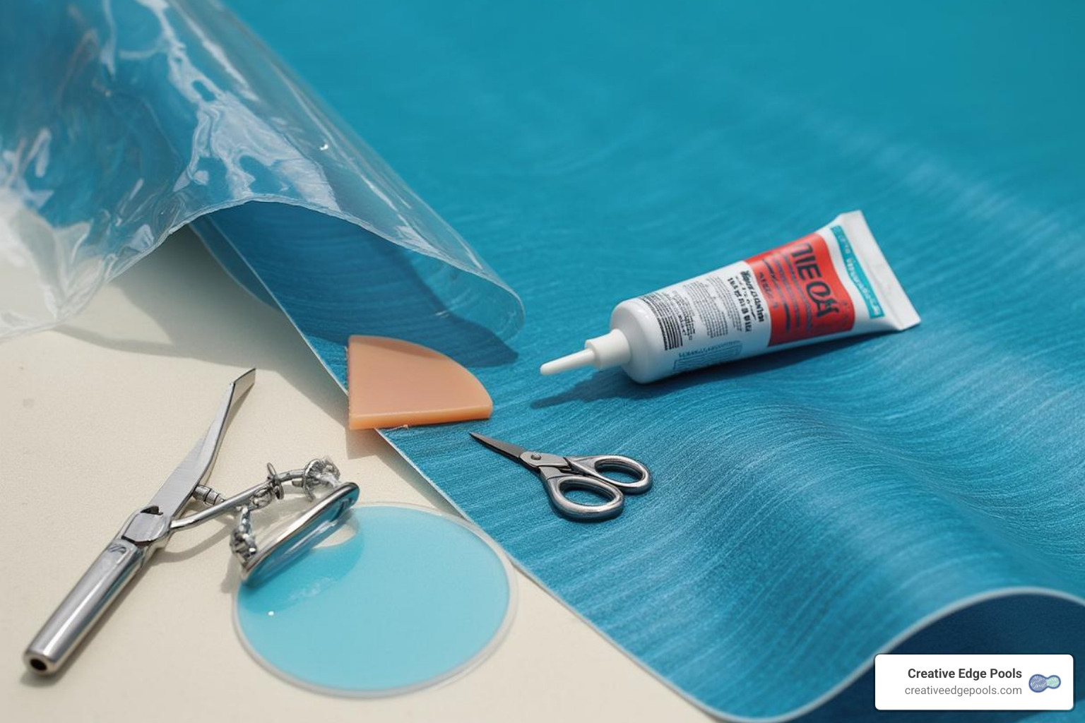 typical vinyl liner repair kit with adhesive and patch material - liner pool repair