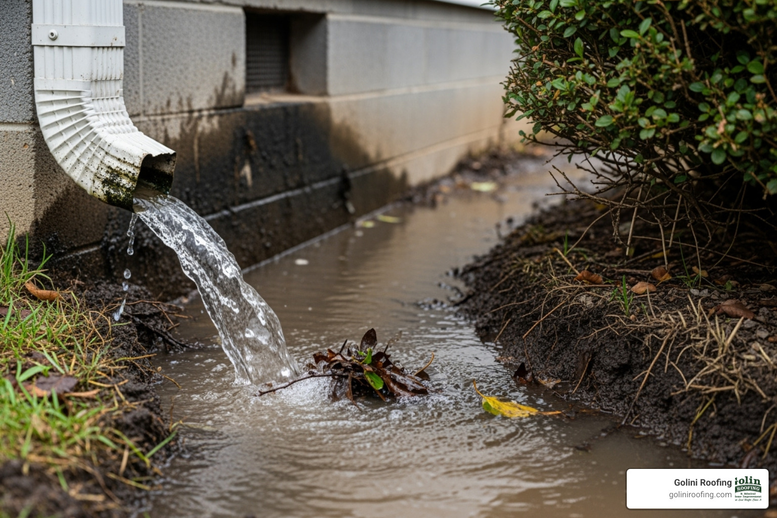 Cross-section of a properly installed buried downspout with slope and a catch basin - downspout drainage issues Cross-section of a properly installed buried downspout with slope and a catch basin - downspout drainage issues