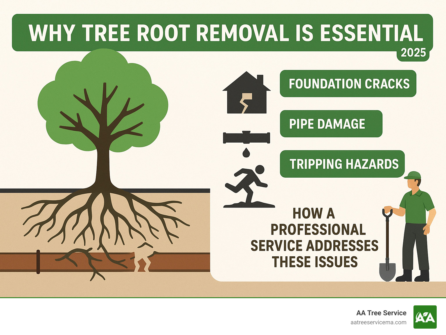 Infographic explaining why tree roots need removal, detailing common problems like foundation cracks, pipe damage, and tripping hazards, and how a professional service addresses these issues - tree root removal service infographic 