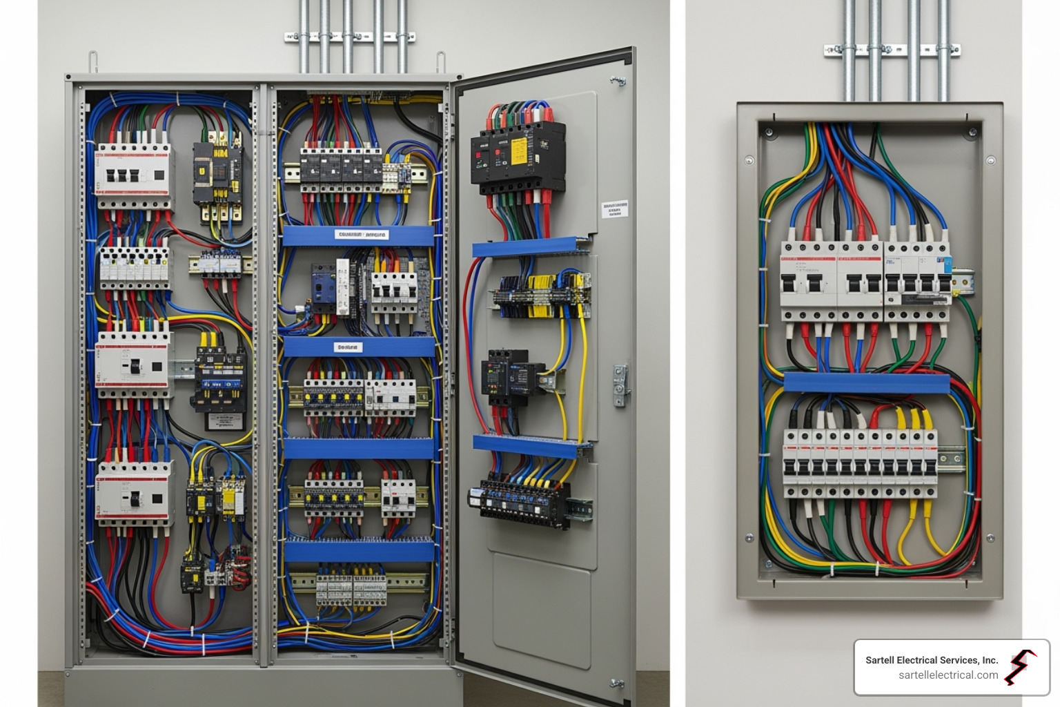 Commercial electrical panel contrasted with a residential one - Commercial Electricians Commercial electrical panel contrasted with a residential one - Commercial Electricians