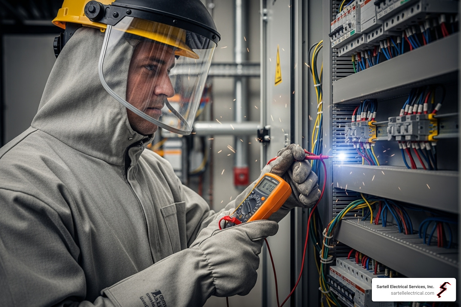 Electrician wearing full personal protective equipment (PPE) - Commercial Electricians Electrician wearing full personal protective equipment (PPE) - Commercial Electricians