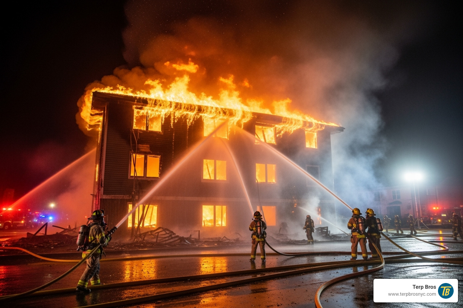 Two firefighters in full gear aim a hose at a large structure fire at night.