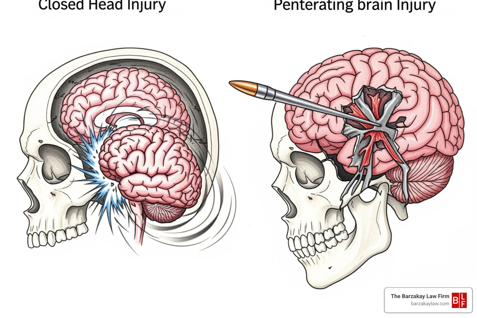 Image illustrating the difference between a closed and penetrating head injury, showing internal brain movement for closed and an object piercing the skull for penetrating. - brain injury attorney near me