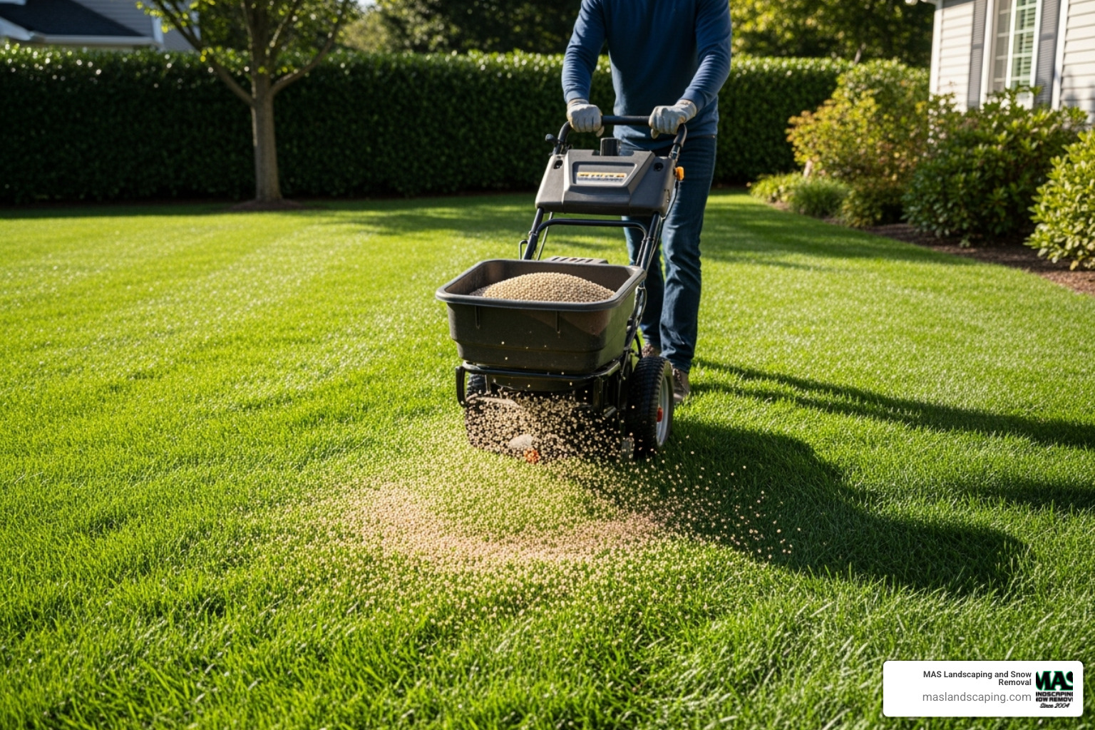 broadcast spreader being used on a lawn - lawn maintenance broadcast spreader being used on a lawn - lawn maintenance
