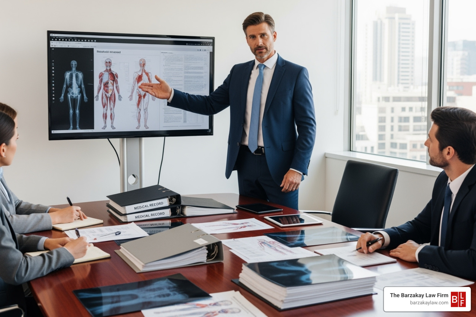 Image of a lawyer presenting evidence in a meeting, with medical charts and documents on the table. - brain injury attorney near me