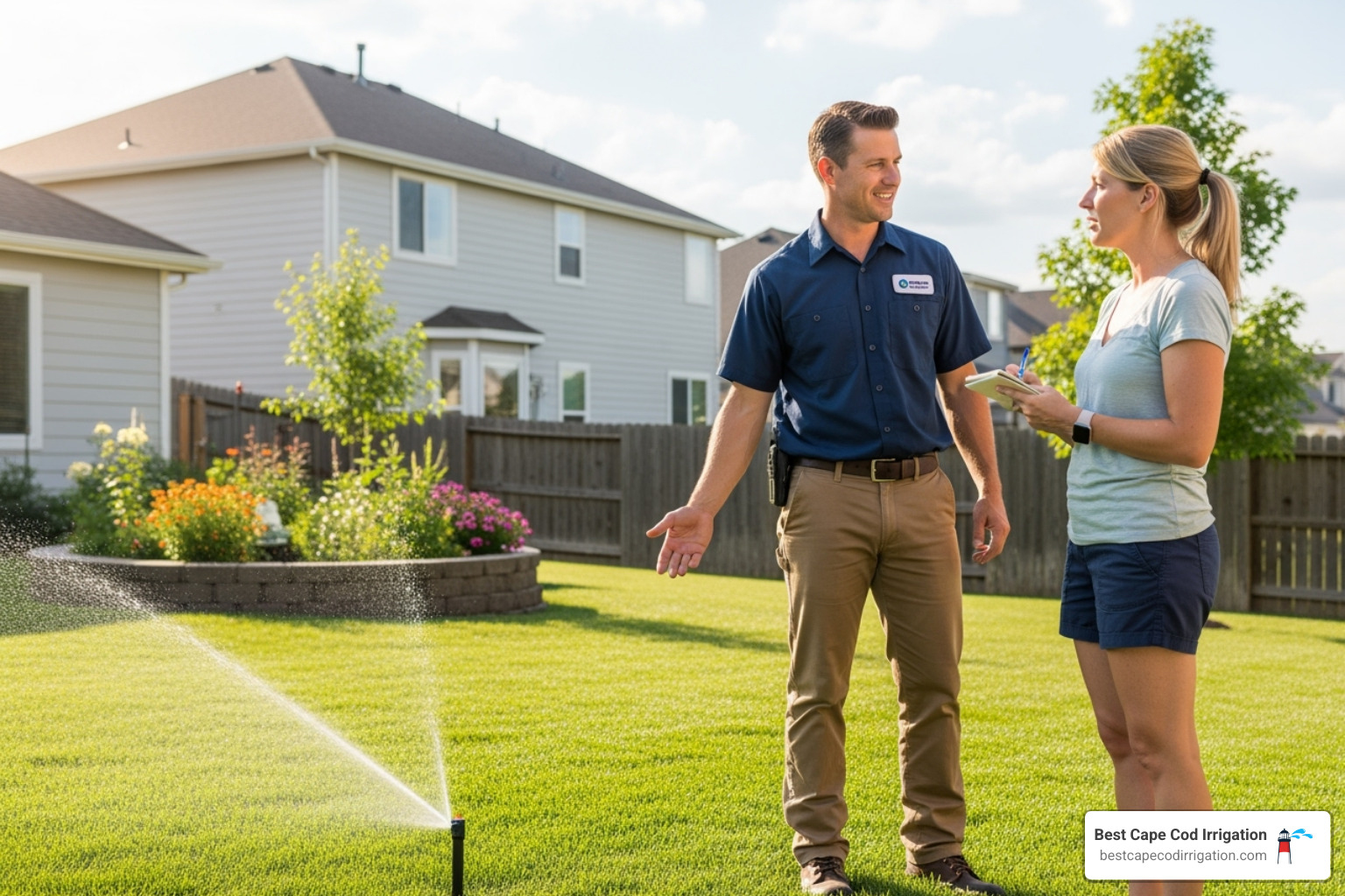 of a friendly, uniformed technician talking with a homeowner in their yard. - irrigation repair company near me