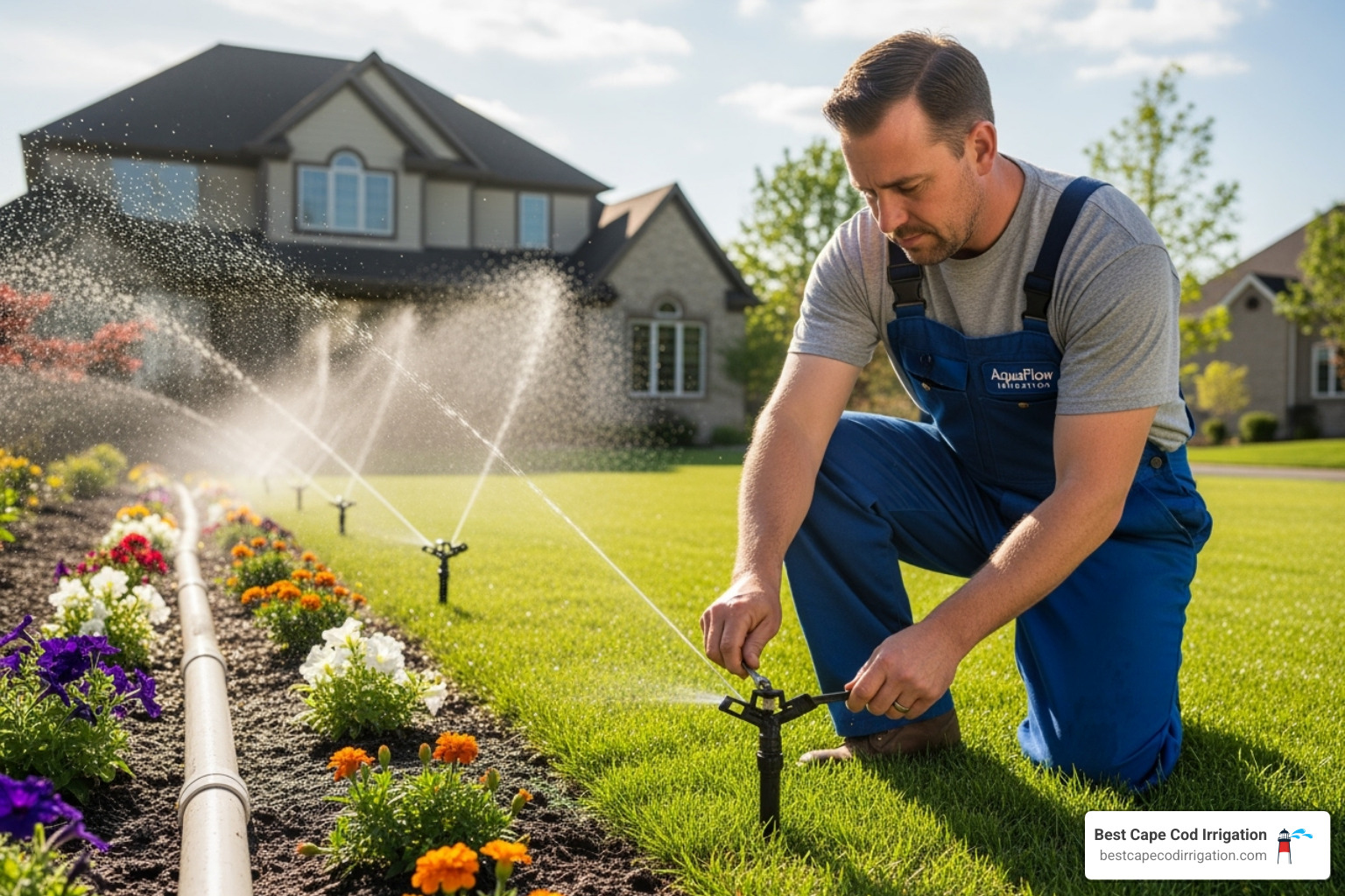 of a technician performing a spring start-up on an irrigation system. - irrigation repair company near me