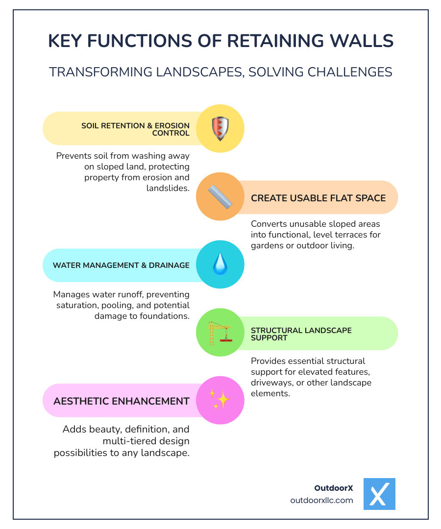 Infographic showing the key functions of retaining walls: soil retention and erosion control, creating usable flat spaces from slopes, water management and drainage, structural support for landscapes, and aesthetic improvement with terraced garden levels - retaining wall builders near me infographic infographic-line-5-steps-colors Infographic showing the key functions of retaining walls: soil retention and erosion control, creating usable flat spaces from slopes, water management and drainage, structural support for landscapes, and aesthetic improvement with terraced garden levels - retaining wall builders near me infographic infographic-line-5-steps-colors
